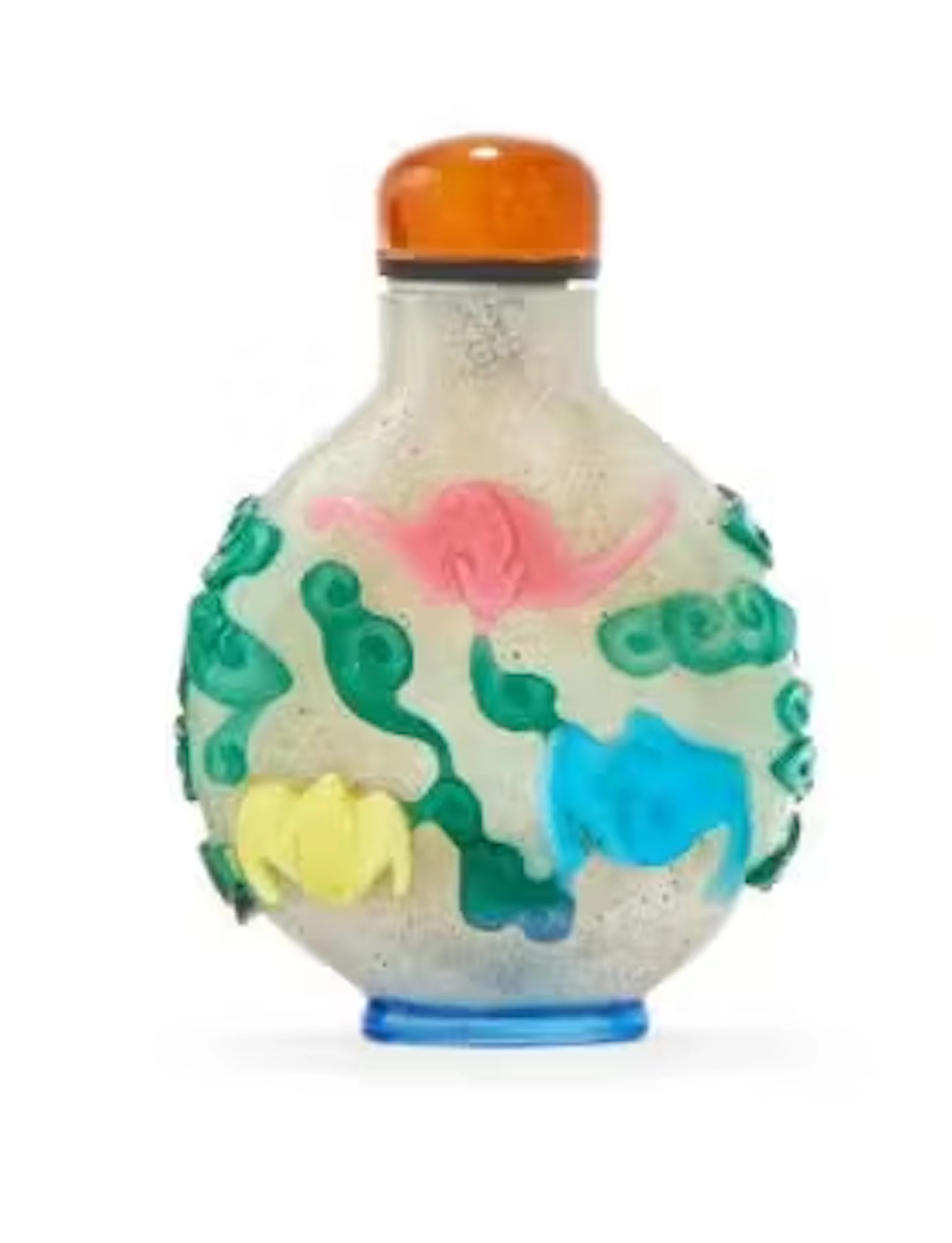 A Chinese five-colour overlay glass snuff bottle and a stopper