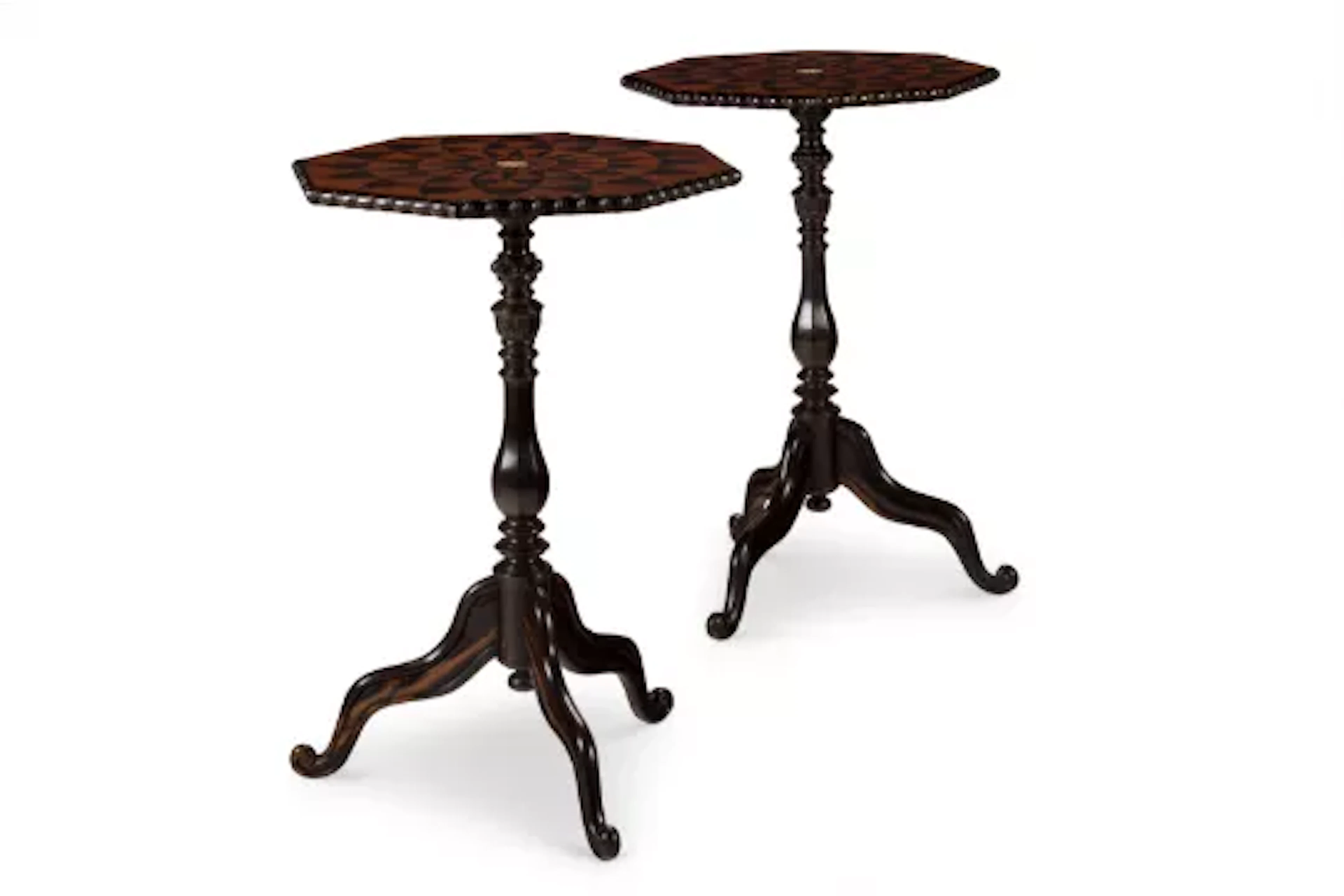 Y A PAIR OF EBONY, JACKWOOD AND BONE INLAID TRIPOD TABLES, INDIAN, MODERN