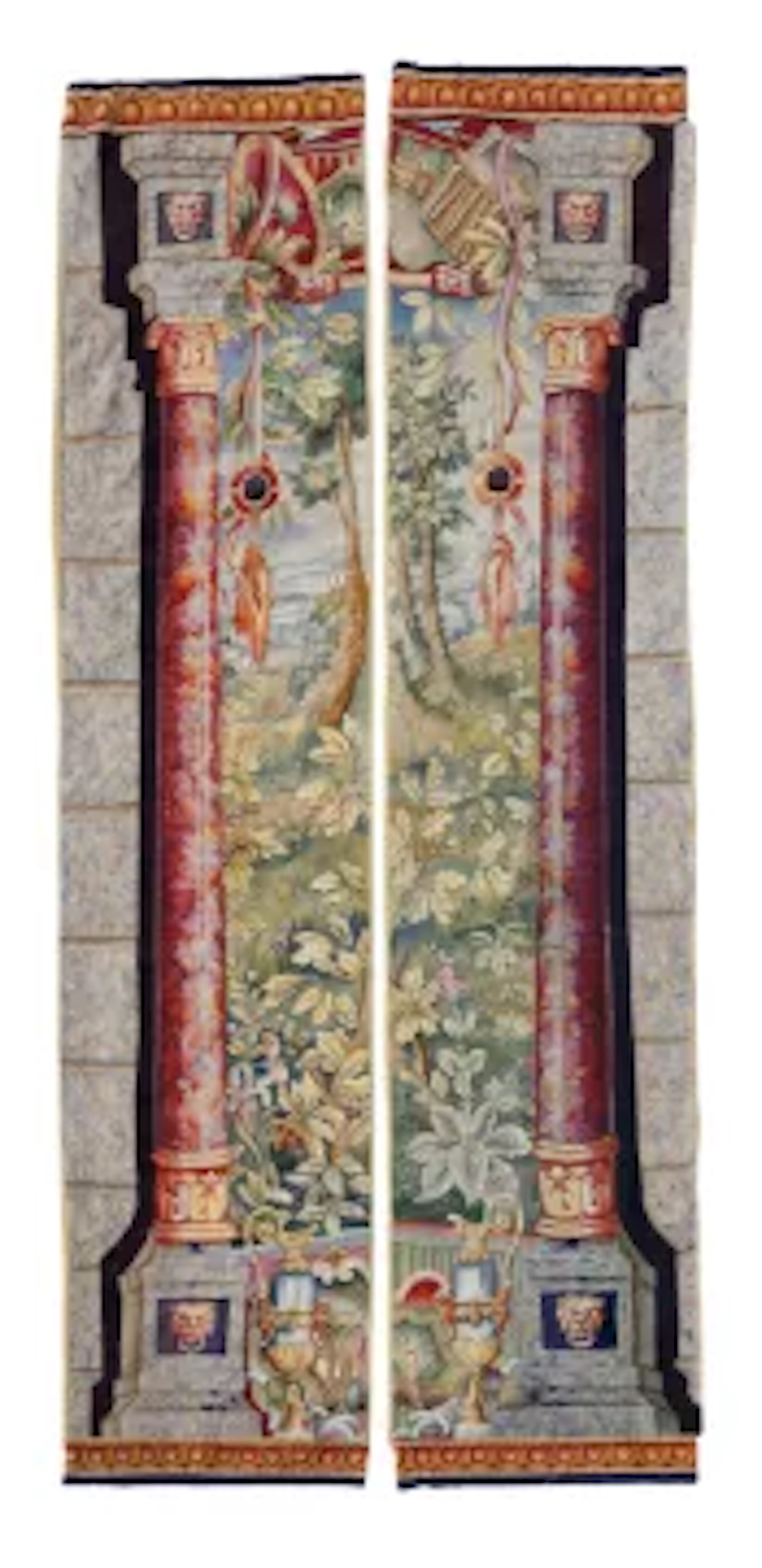 A PAIR OF AUBUSSON TAPESTRY BORDER SECTIONS DEPICTING COLUMNS, FRENCH