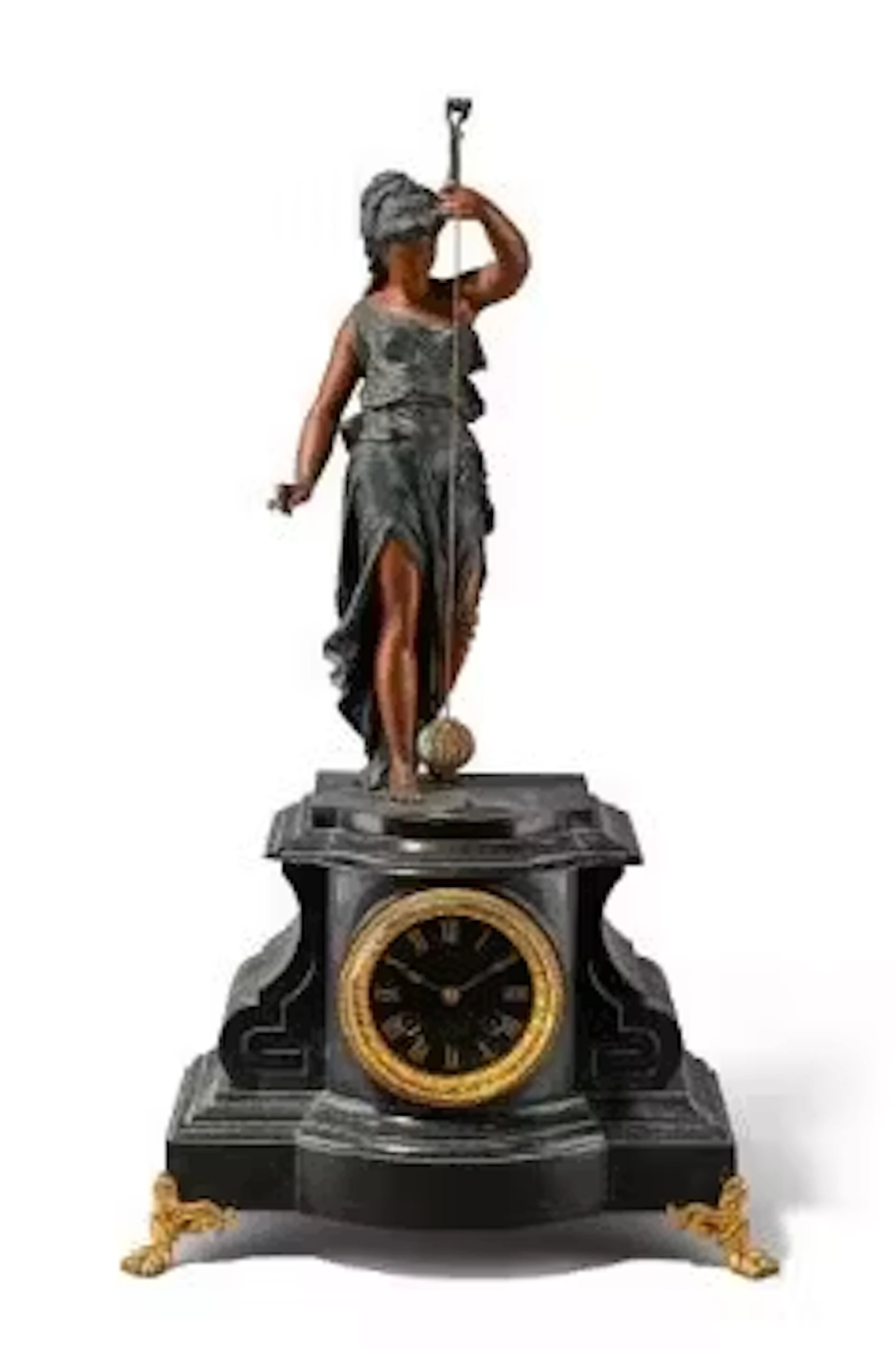 A COLD PAINTED AND PATINATED SPELTER MOUNTED BLACK MARBLE MYSTERY