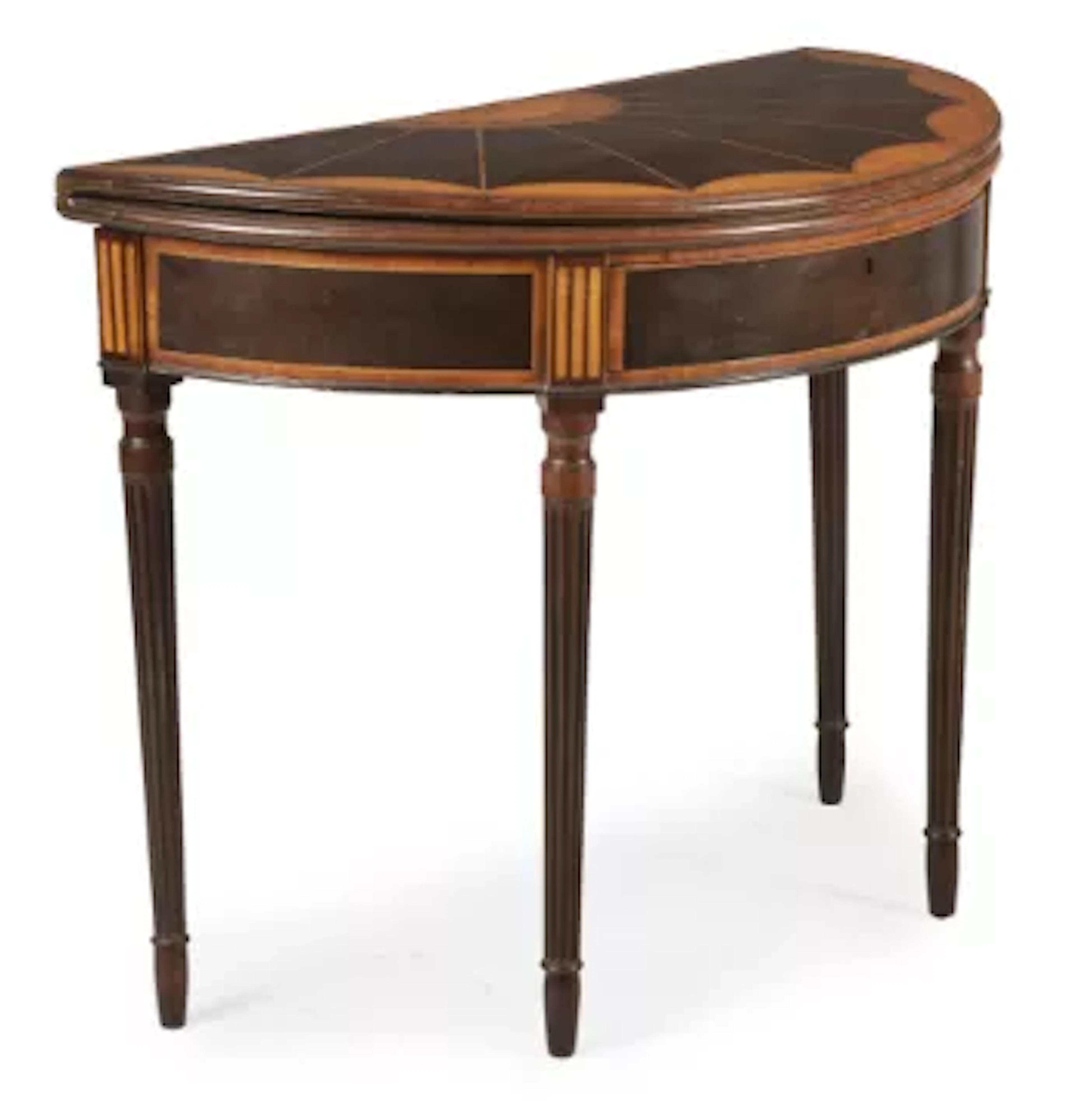 A GEORGE III MAHOGANY, HAREWOOD AND SATINWOOD CARD TABLE, IN THE MANNER