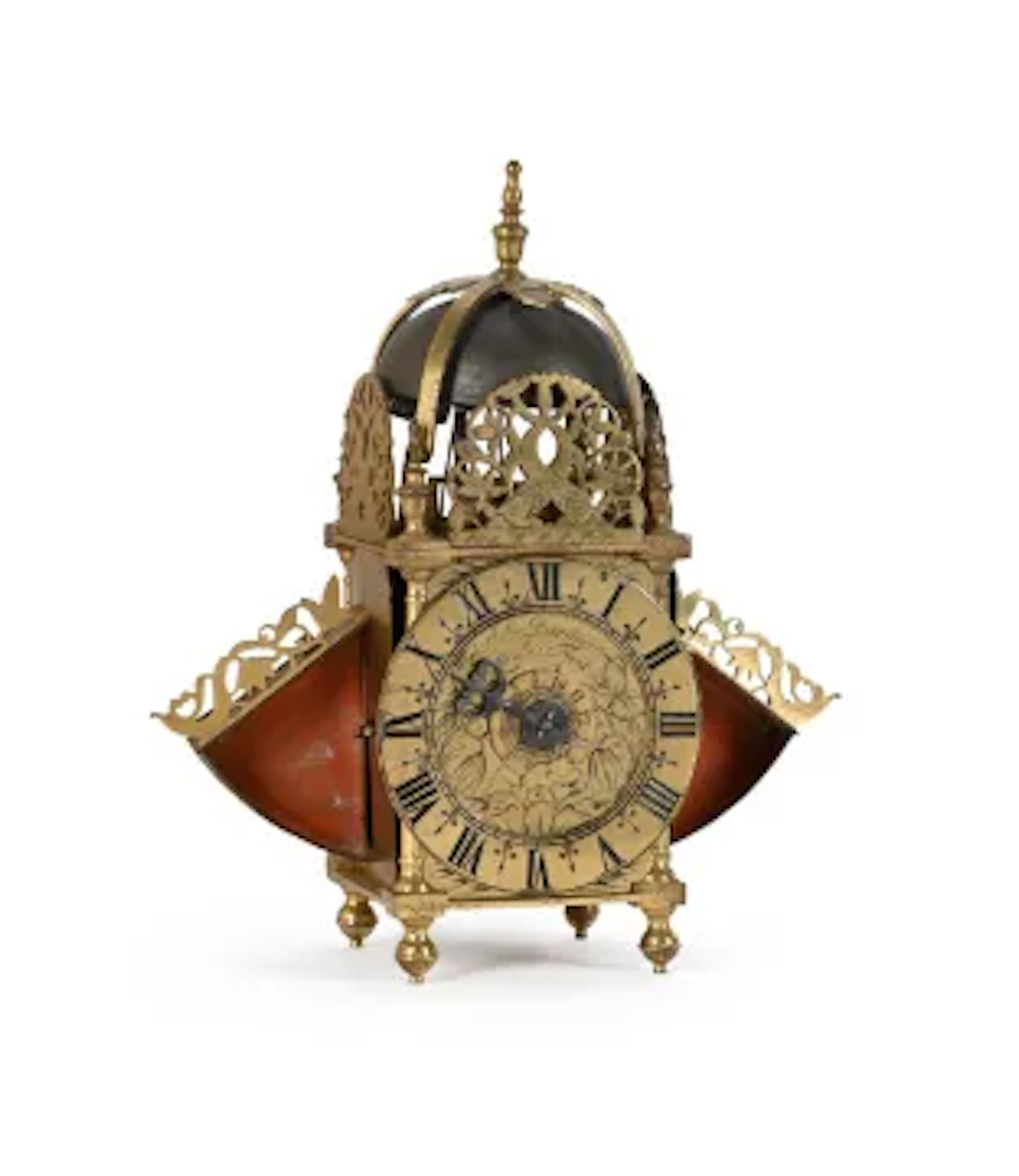 A FINE CHARLES I/JAMES II MINIATURE BRASS LANTERN CLOCK WITH CENTRE-SWINGING