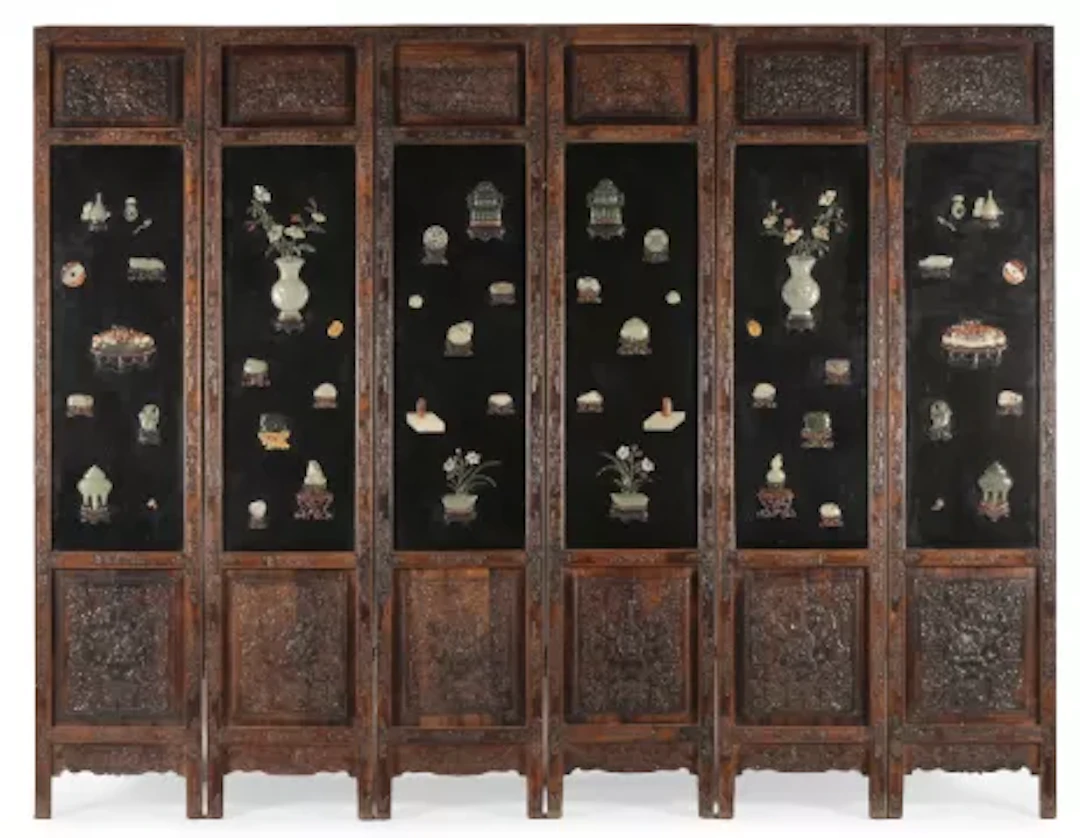 Y A CHINESE HARDWOOD, JADE AND HARDSTONE INLAID SIX FOLD FLOOR SCREEN