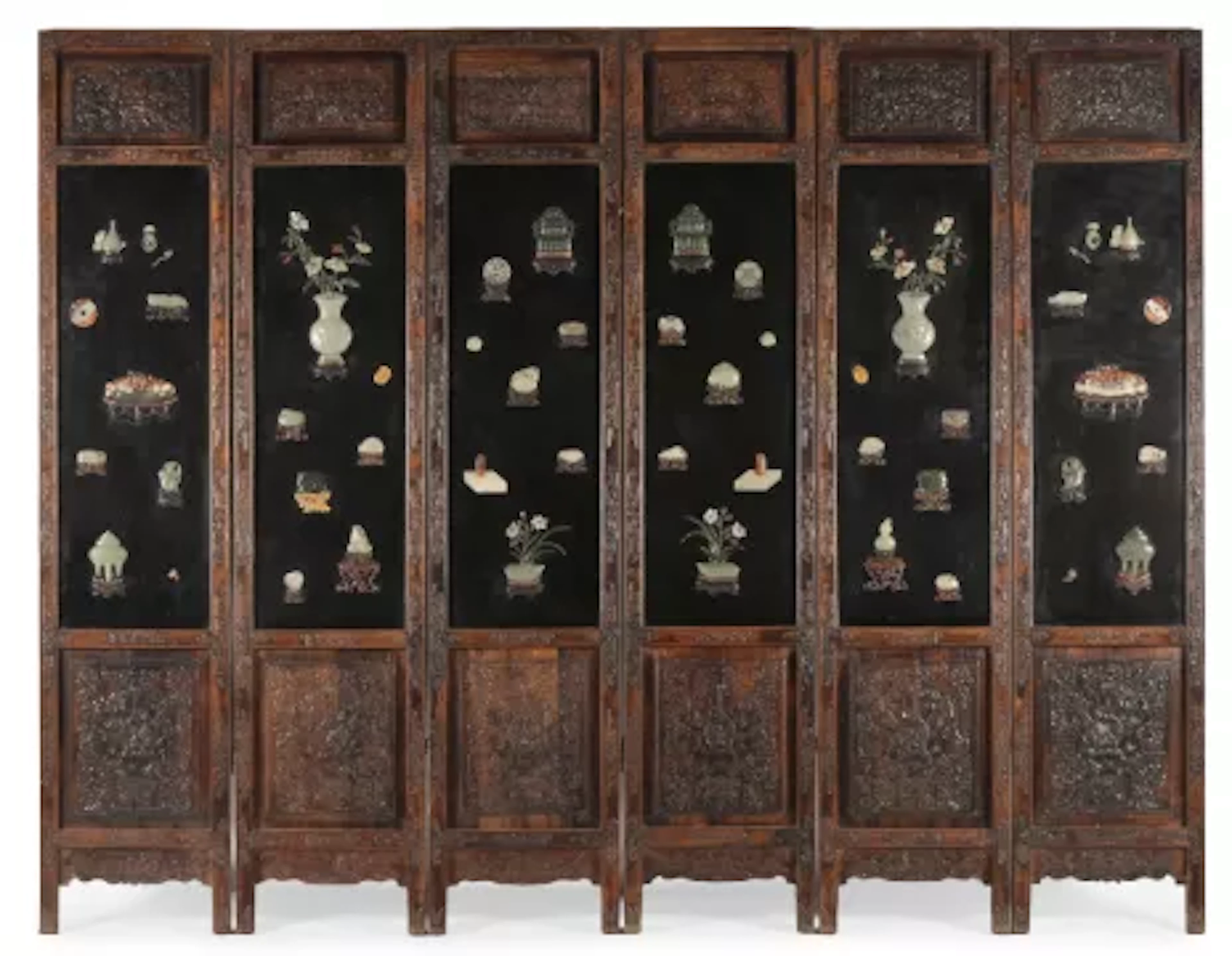 Y A CHINESE HARDWOOD, JADE AND HARDSTONE INLAID SIX FOLD FLOOR SCREEN