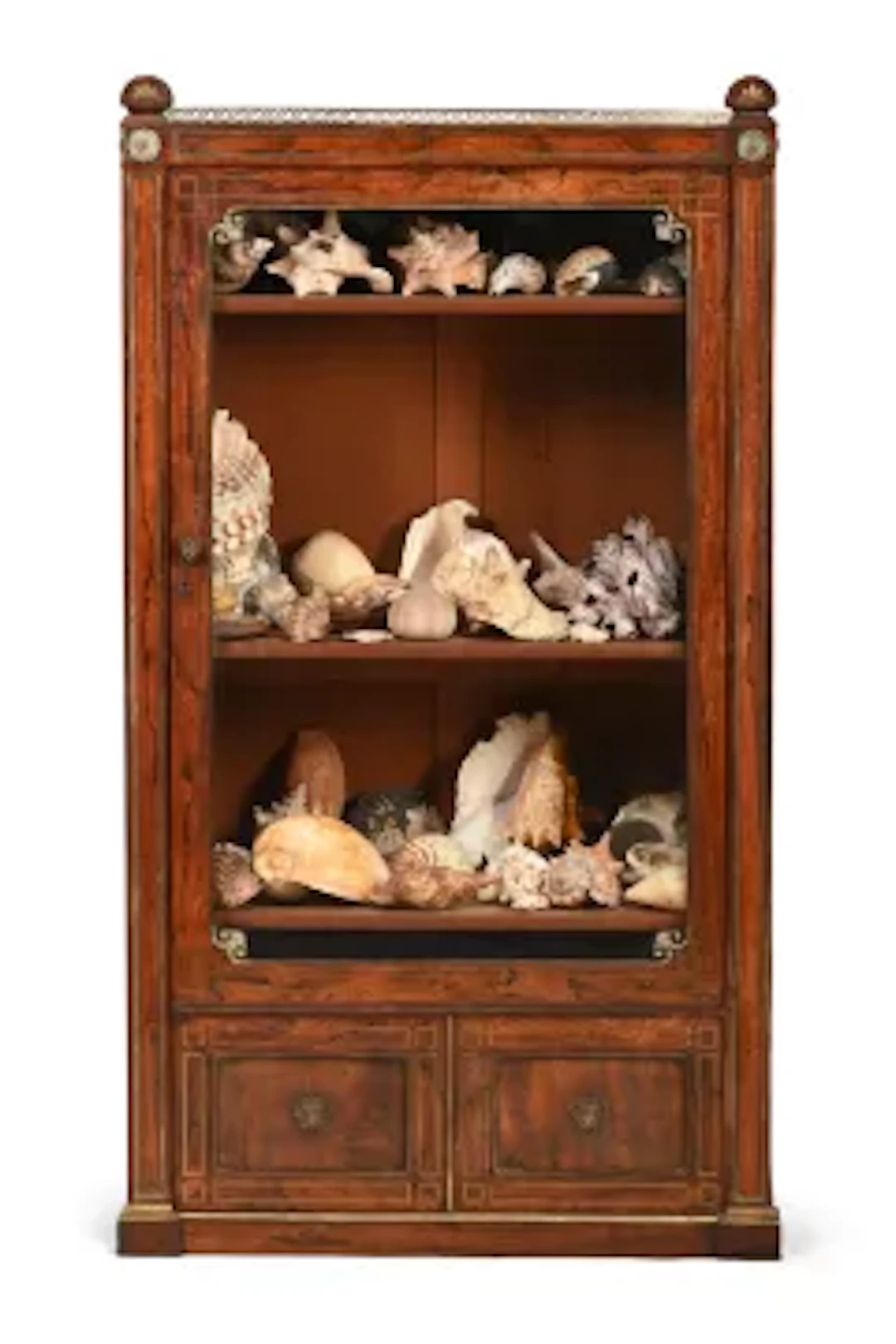 Y A REGENCY ROSEWOOD AND BRASS MARQUETRY COLLECTOR'S DISPLAY CABINET