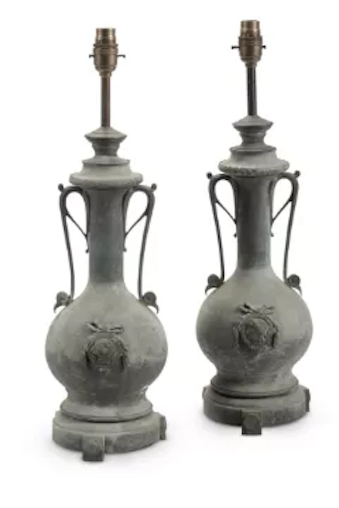A PAIR OF VERDIGRIS PATINATED BRONZE TABLE LIGHTS, FRENCH, 19TH CENTURY