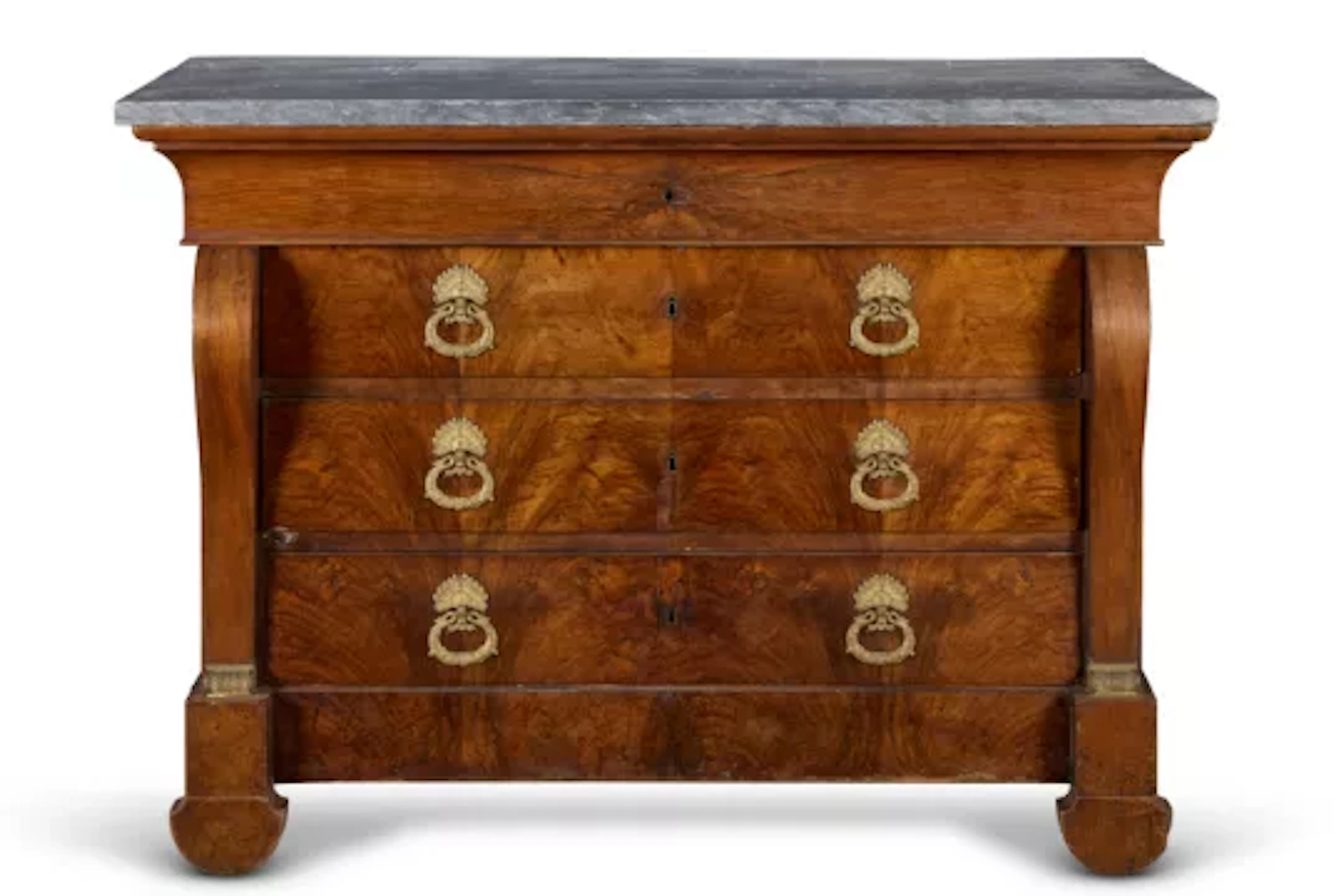 AN EMPIRE GILT BRONZE MOUNTED WALNUT COMMODE, FRENCH, EARLY 19TH CENTURY