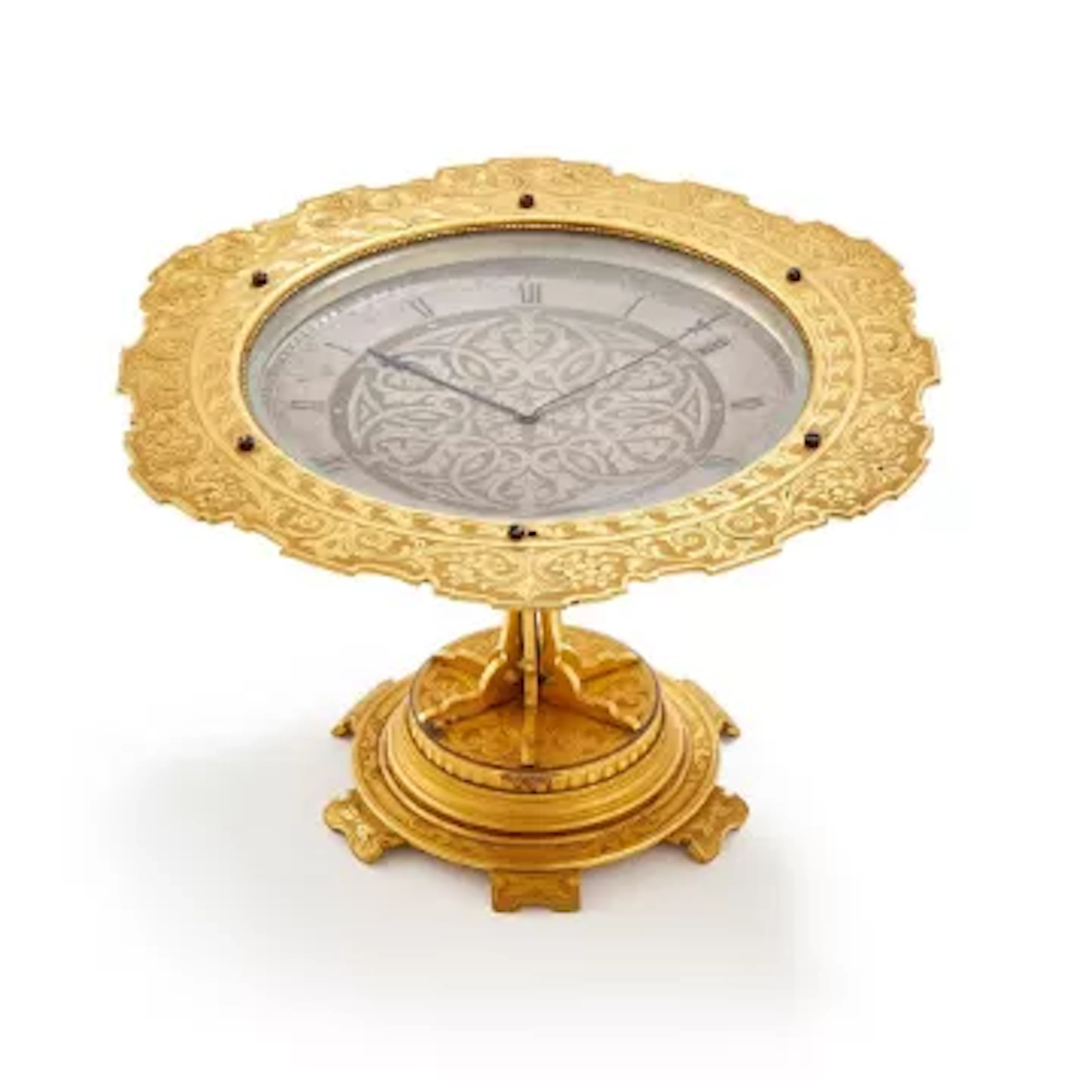 A VERY RARE VICTORIAN ENGRAVED GILT BRASS DESK TIMEPIECE IN THE FORM OF A TAZZA