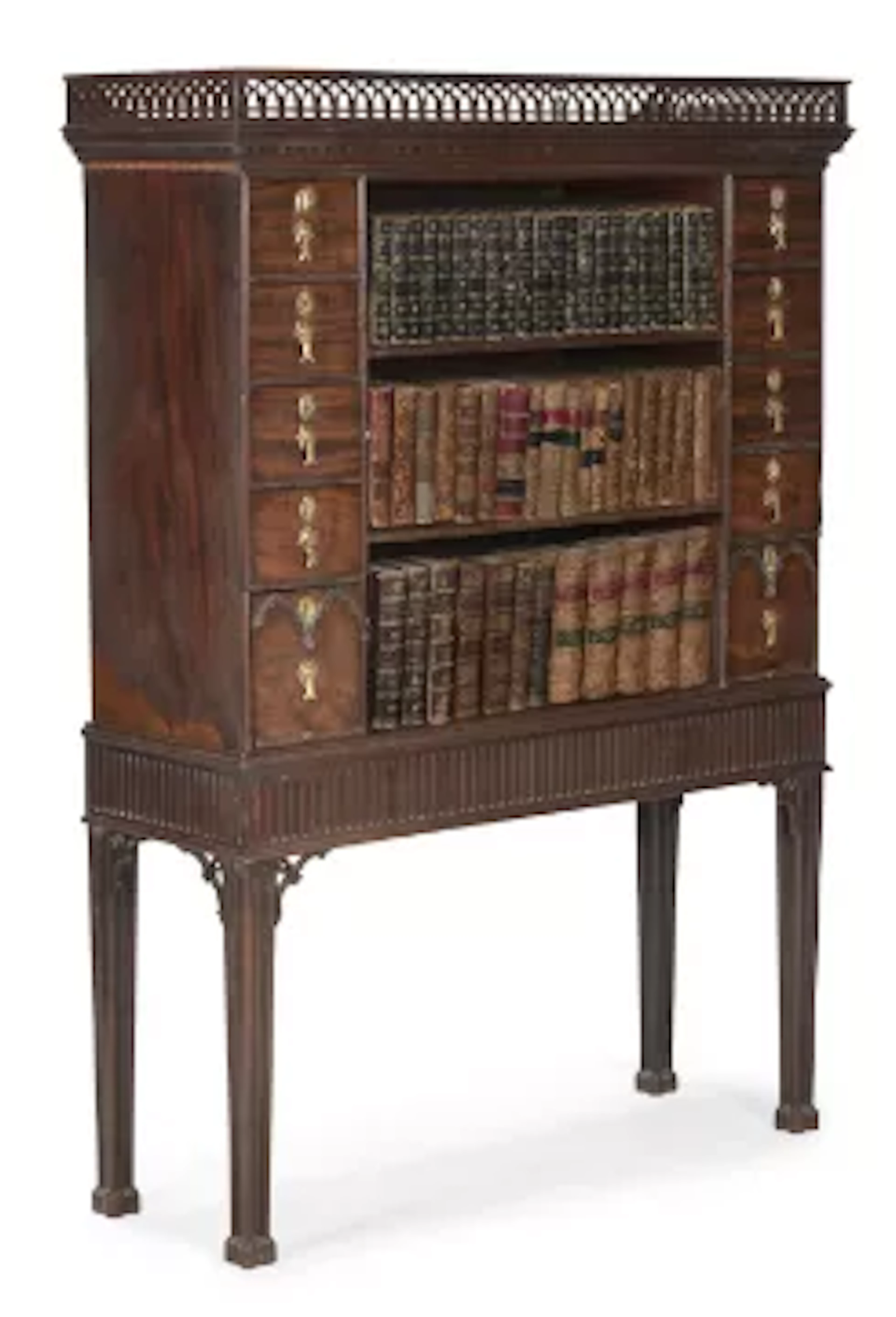 AN UNUSUAL GEORGE III MAHOGANY OPEN BOOKCASE ON STAND, CIRCA 1790