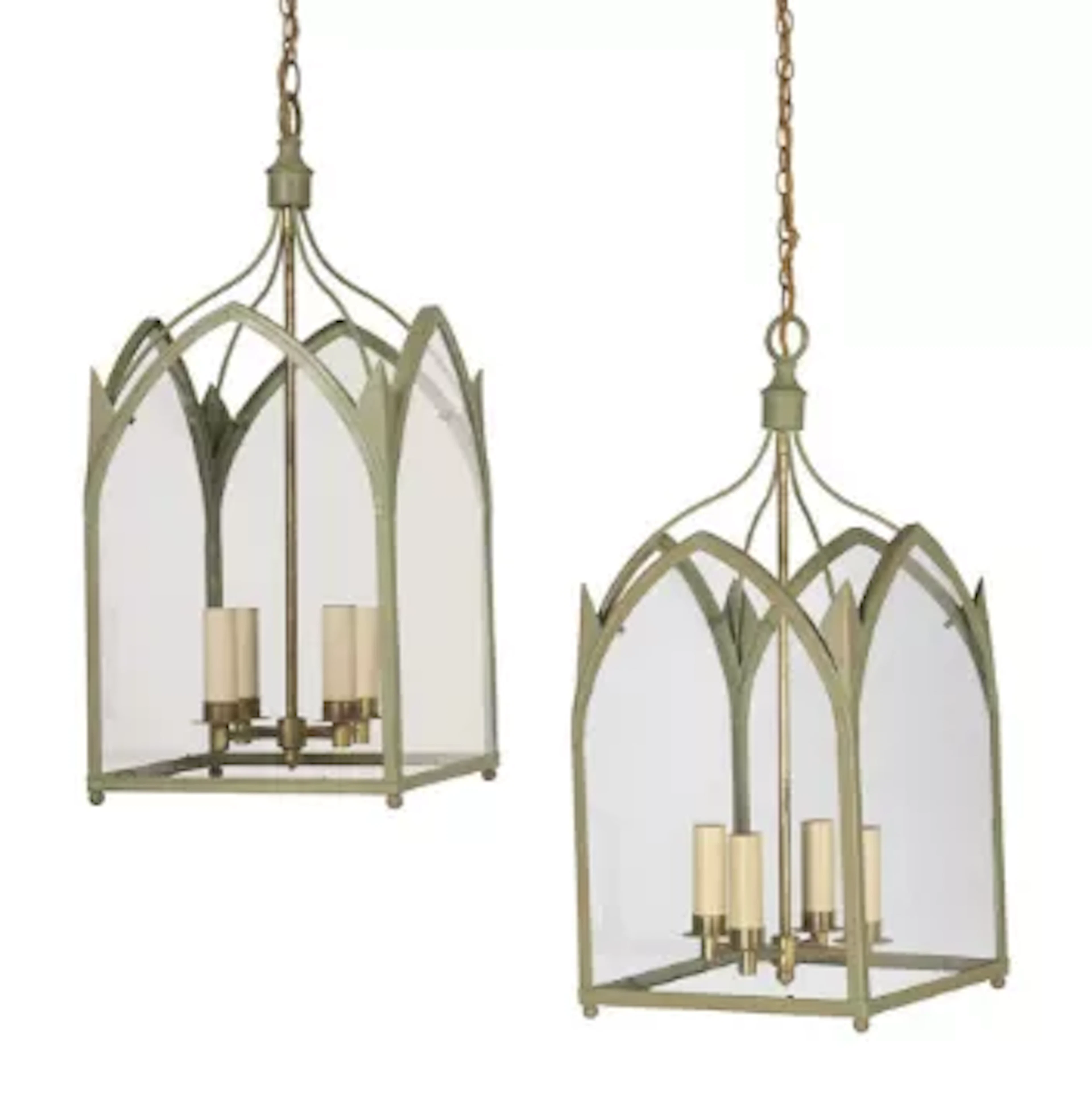 A PAIR OF GREEN PAINTED GOTHIC HALL LANTERNS, IN GEORGE III STYLE, 20TH CENTURY