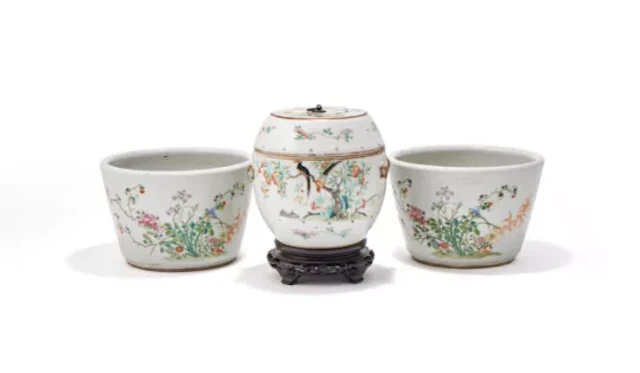 A pair of Chinese Famille Rose jardinieres, Tongzhi mark and of the