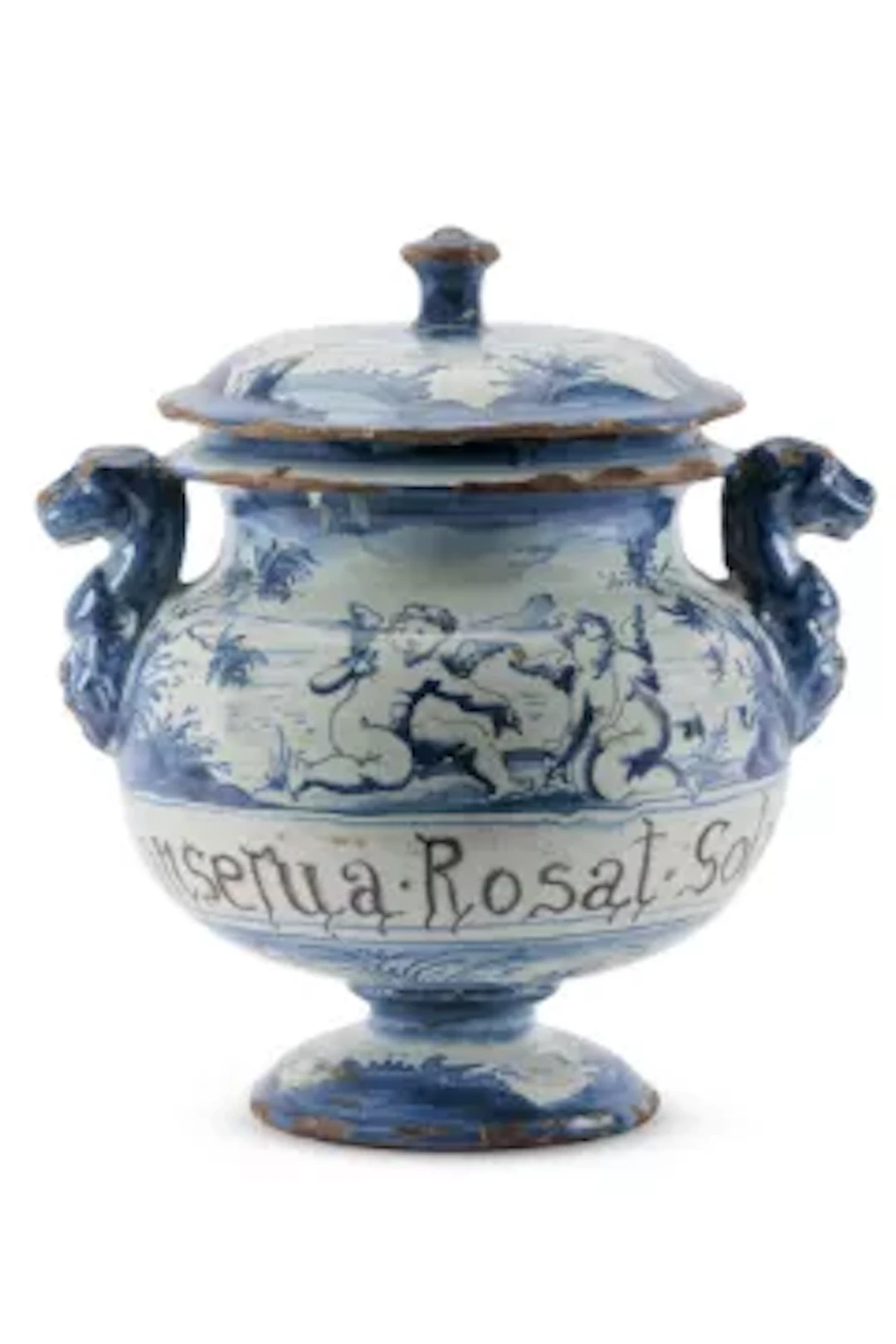 AN ITALIAN MAIOLICA TWO HANDLED PEDESTAL JAR AND COVER, PROBABLY SAVONA