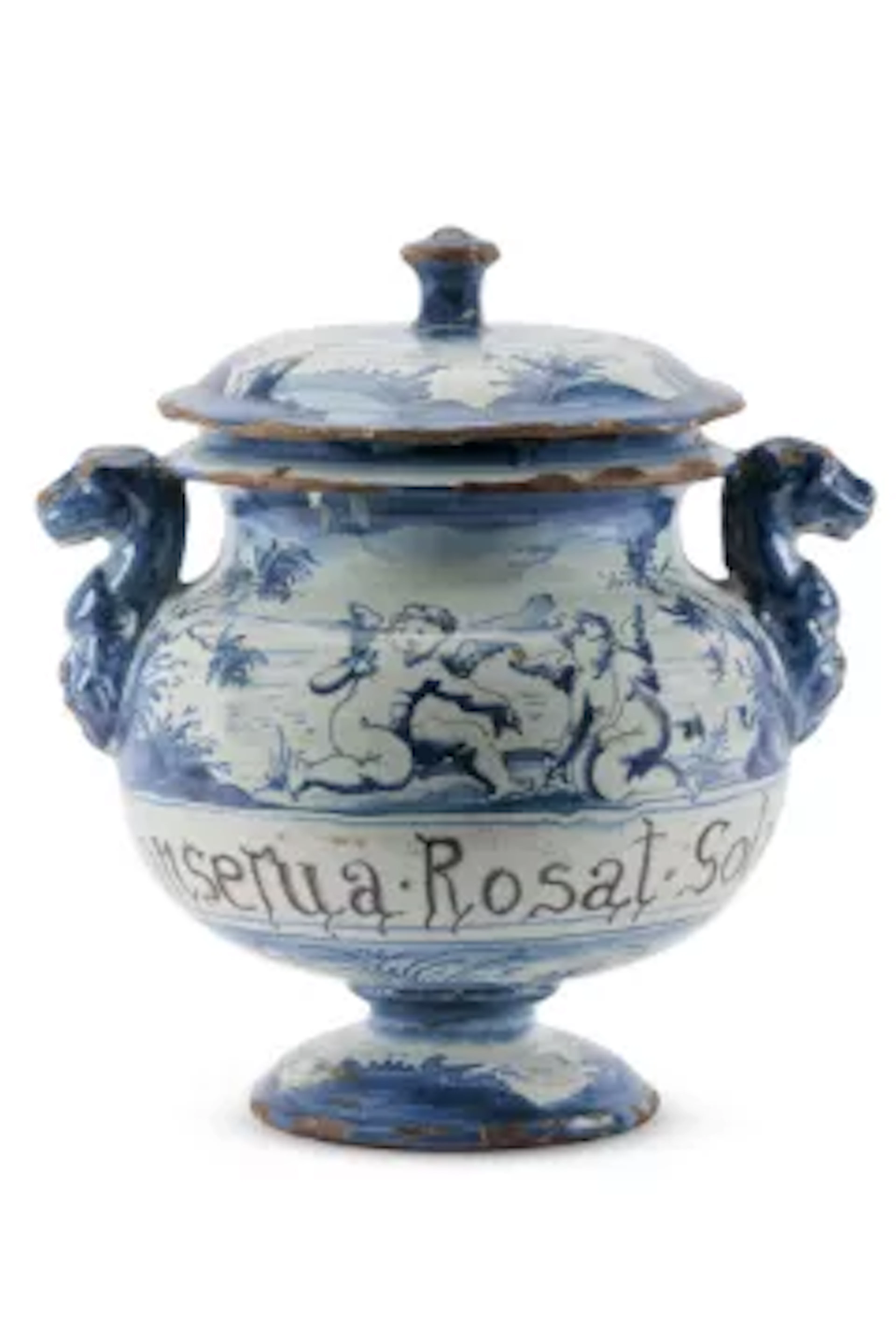 AN ITALIAN MAIOLICA TWO HANDLED PEDESTAL JAR AND COVER, PROBABLY SAVONA