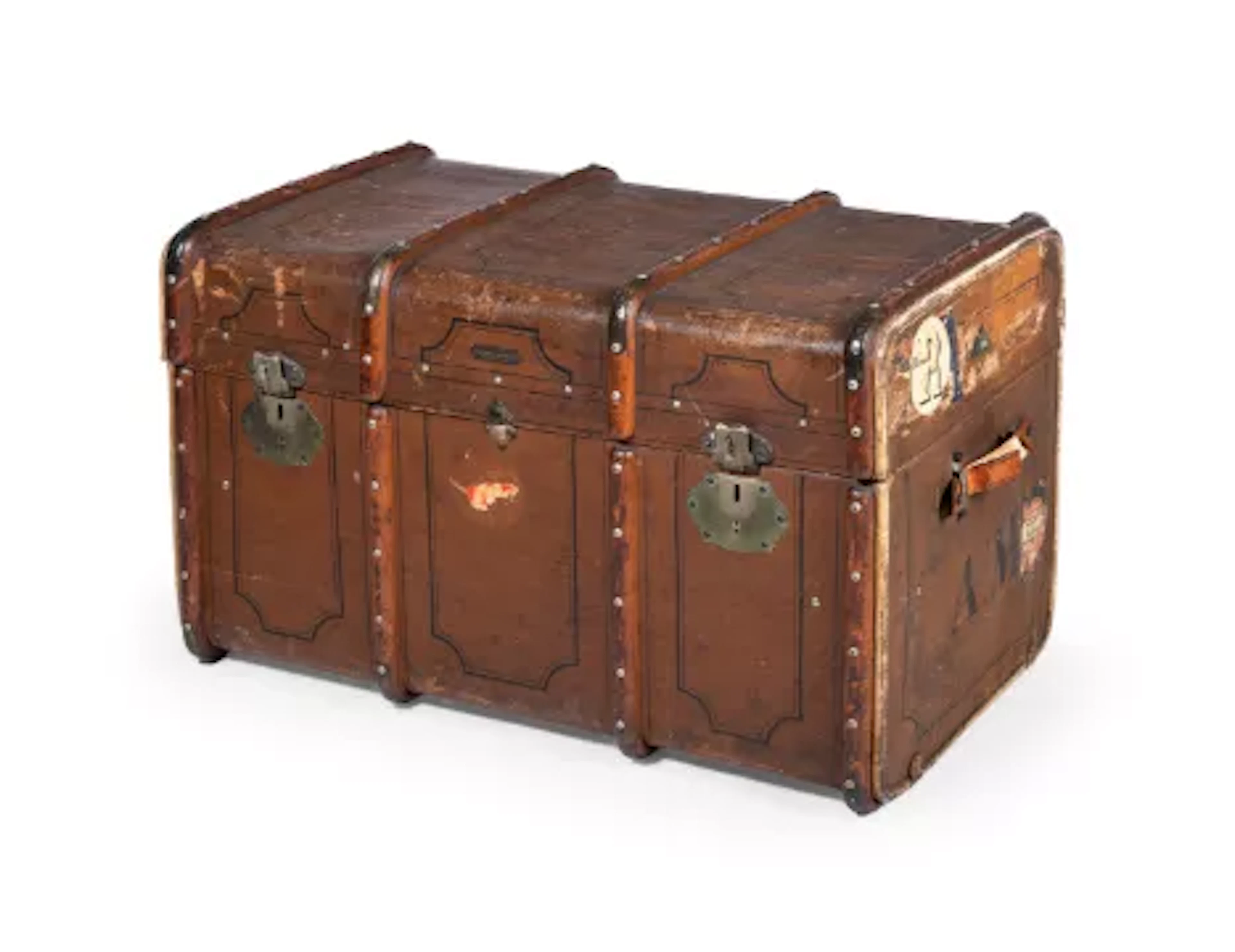 A CANVAS AND WOODEN STRAP STEAMER TRAVEL TRUNK, BY GEBRUDER LOCHER