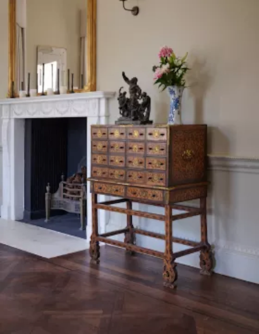 Y AN INDIAN ROSEWOOD, EXOTIC HARDWOOD AND MARQUETRY CABINET ON STAND