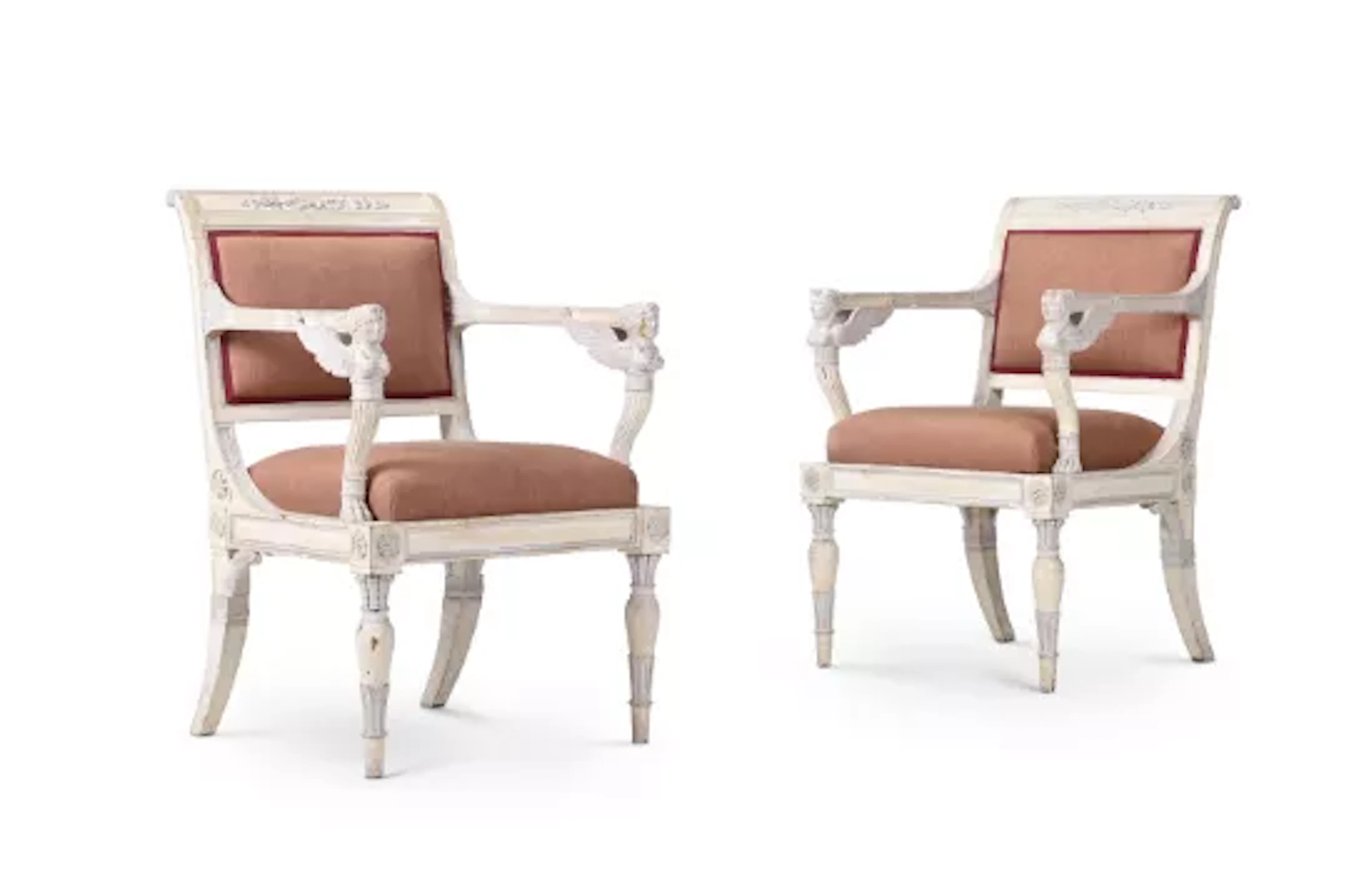 A PAIR OF EMPIRE CREAM PAINTED AND UPHOLSTERED OPEN ARMCHAIRS, CIRCA 1815