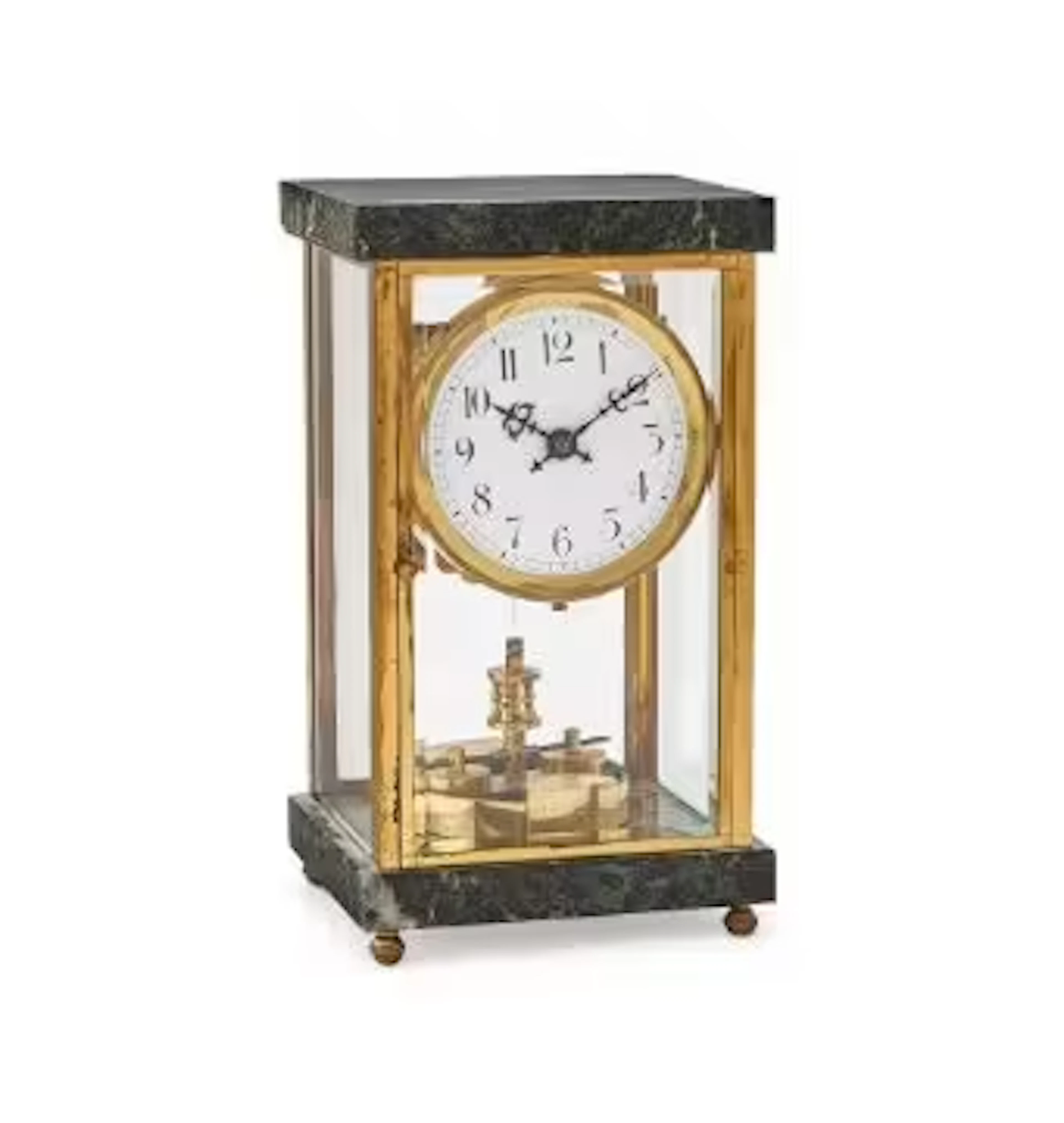 A VERDE ANTICO MARBLE MOUNTED FOUR-GLASS 400-DAY TIMEPIECE WITH SPLIT