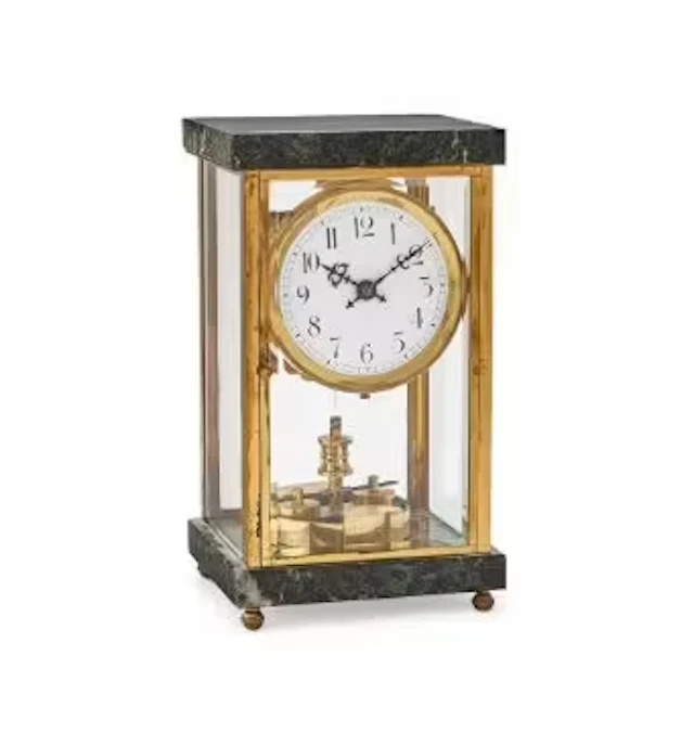 A VERDE ANTICO MARBLE MOUNTED FOUR-GLASS 400-DAY TIMEPIECE WITH SPLIT