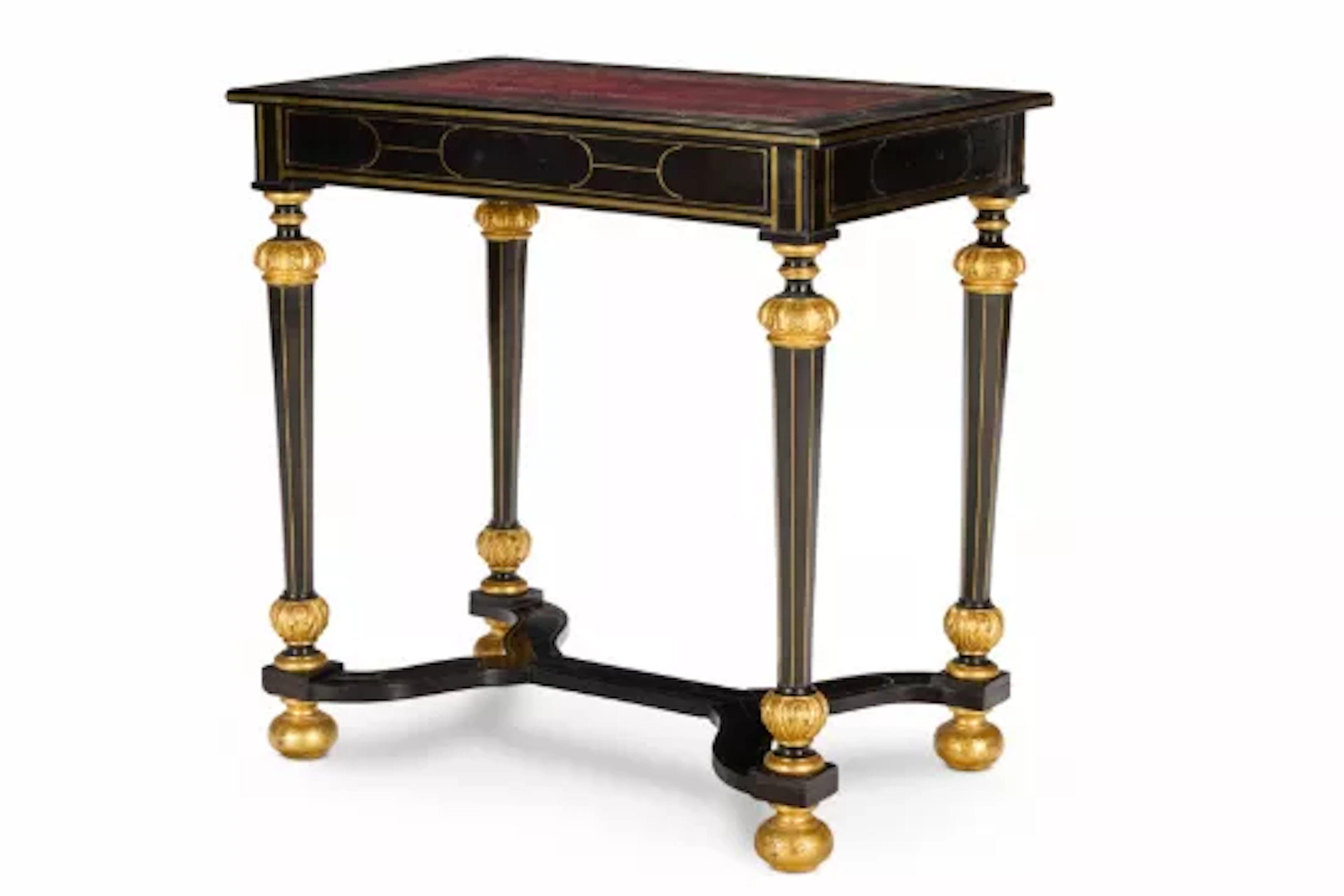 Y A FLEMISH BRASS-INLAID EBONY AND PARCEL-GILT TABLE DE MILIEU, ANTWERP
