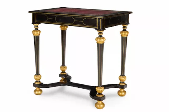 Y A FLEMISH BRASS-INLAID EBONY AND PARCEL-GILT TABLE DE MILIEU, ANTWERP