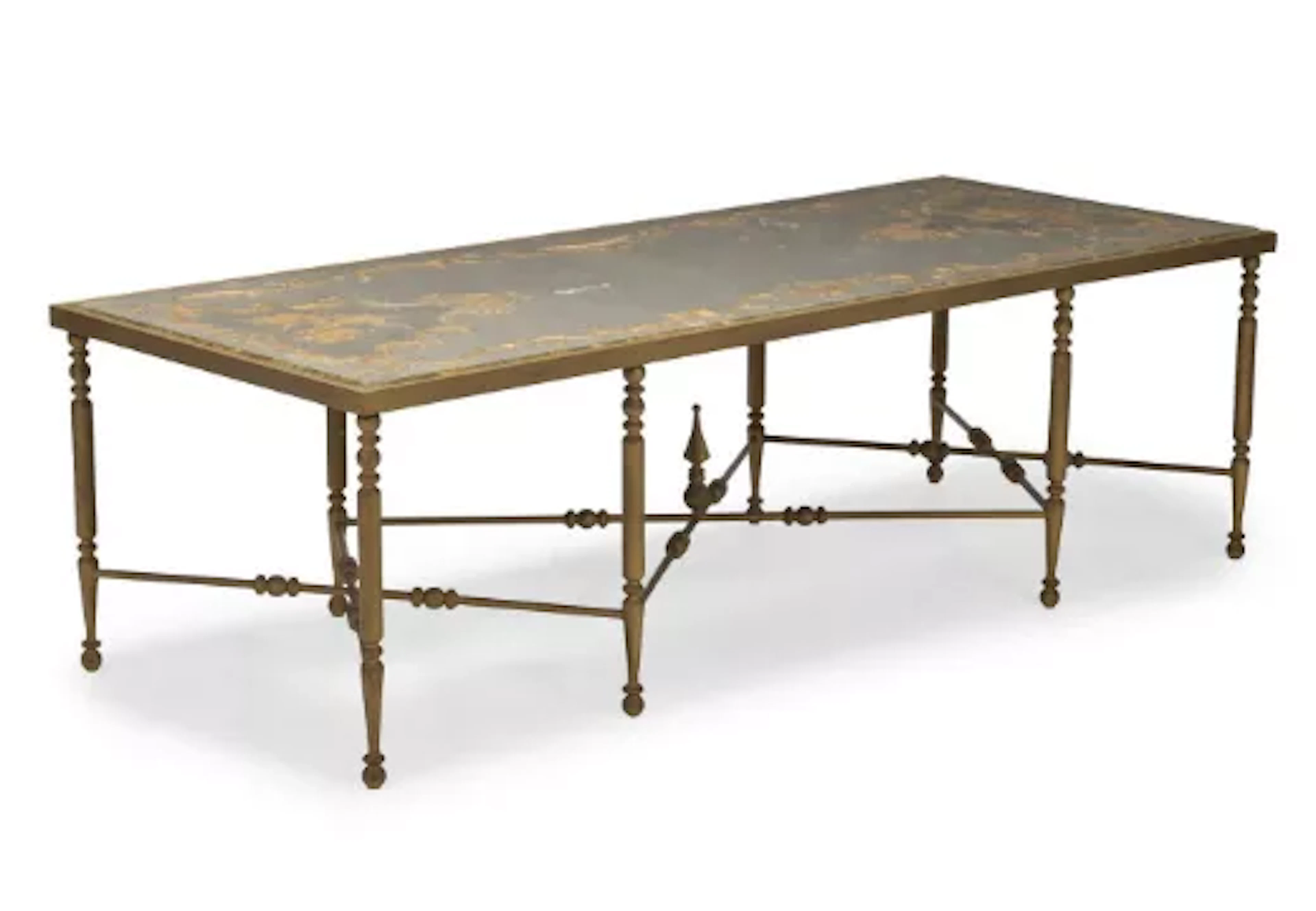 A LARGE REVERSE PAINTED MIRROR TOPPED RECTANGULAR COFFEE TABLE, FIRST