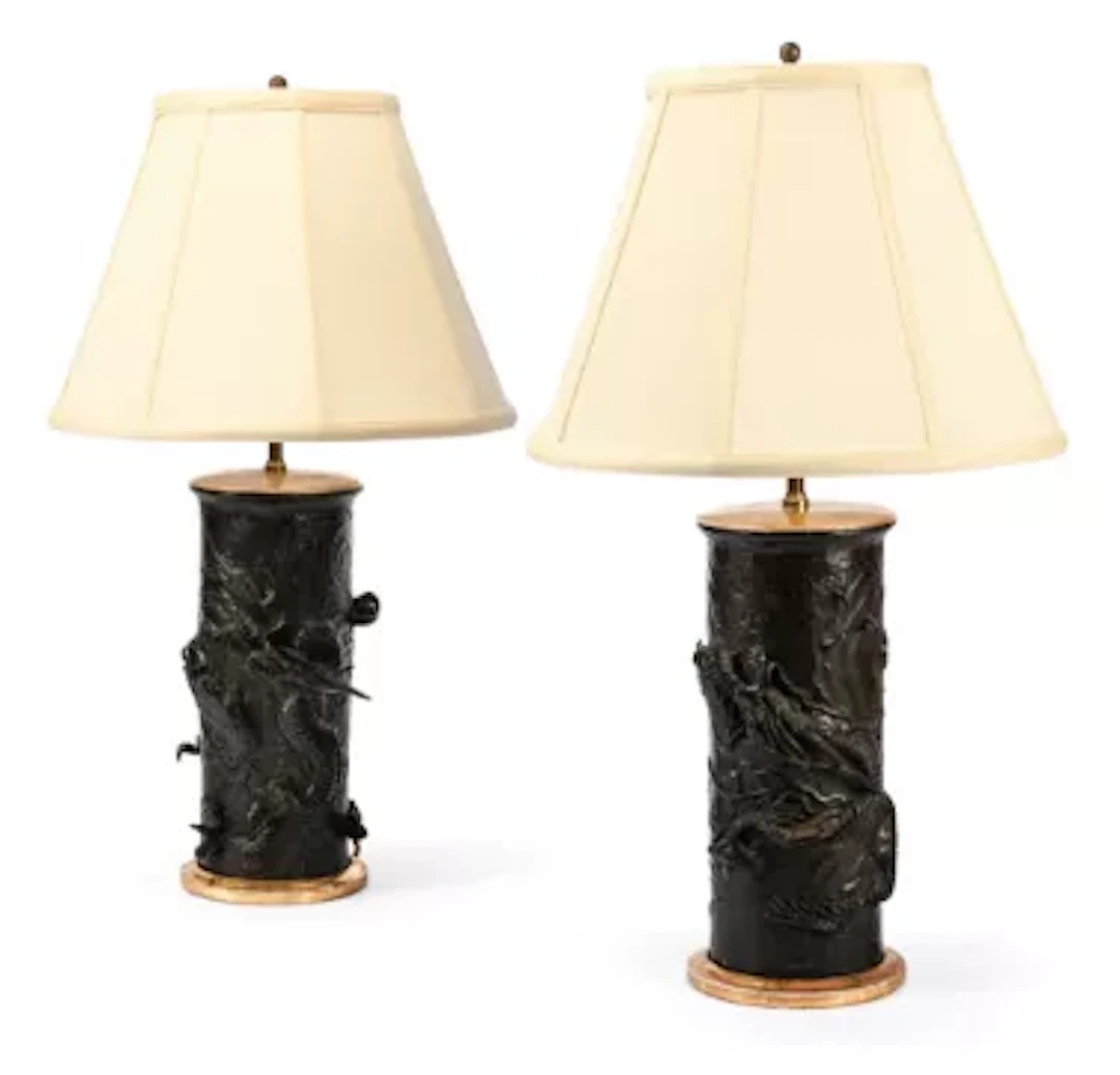 A PAIR OF BRONZED DRAGON TABLE LIGHTS, JAPANESE, LATE 19TH OR EARLY