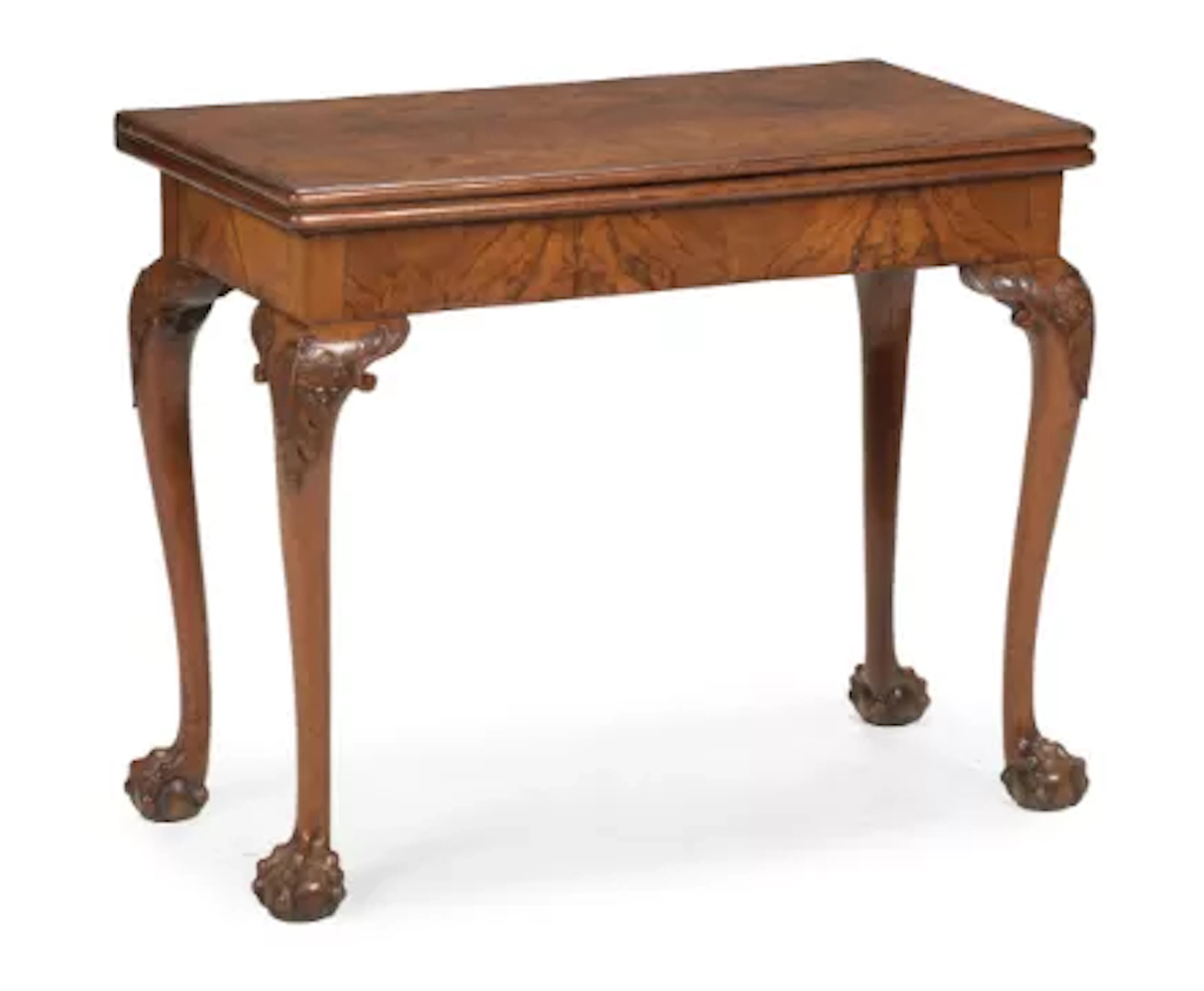 A GEORGE II FIGURED WALNUT CONCERTINA ACTION CARD TABLE, IN THE MANNER