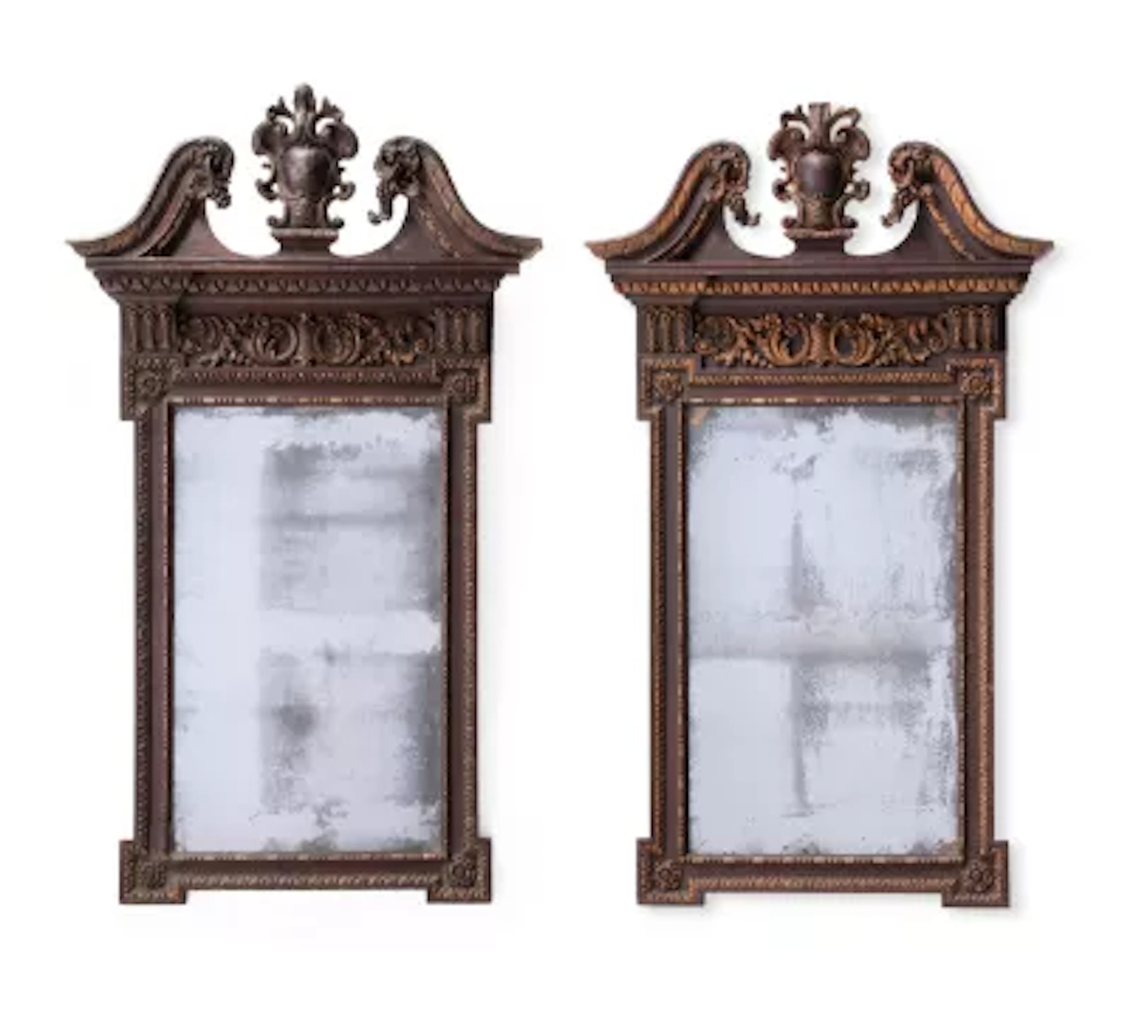 A PAIR OF CARVED WOOD AND PARCEL GILT WALL MIRRORS, LATE 19TH OR EARLY