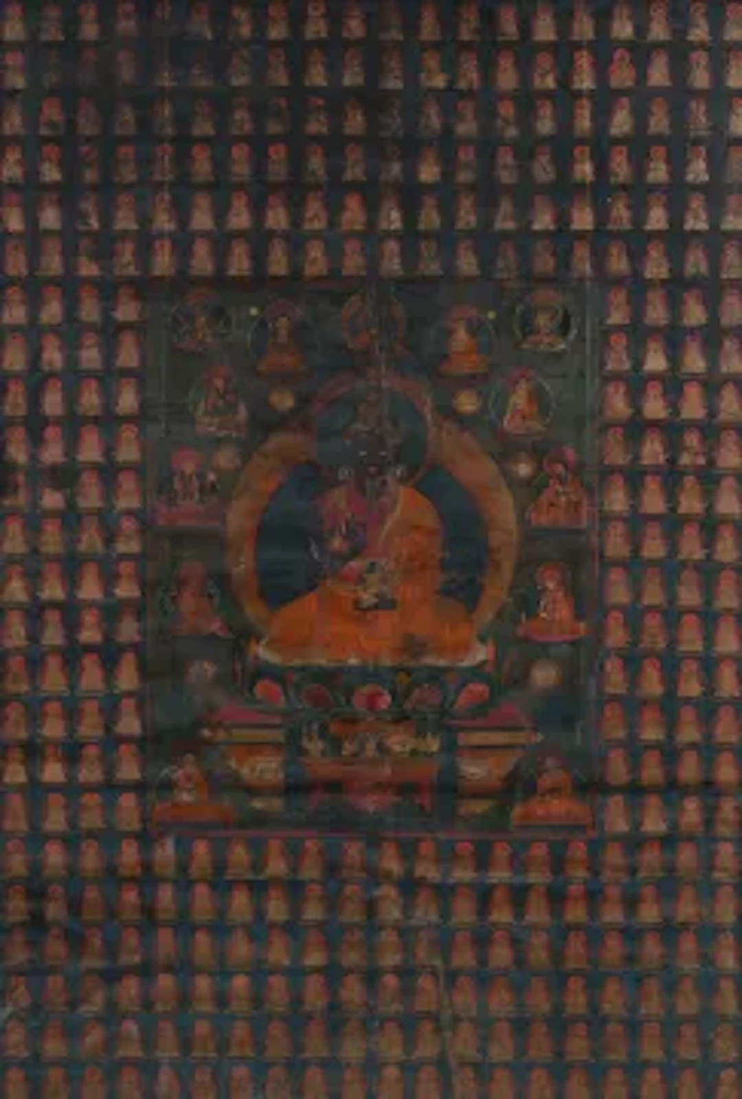 A Thangka depicting the Preaching Buddha surrounded by figures of Bodhisattvas