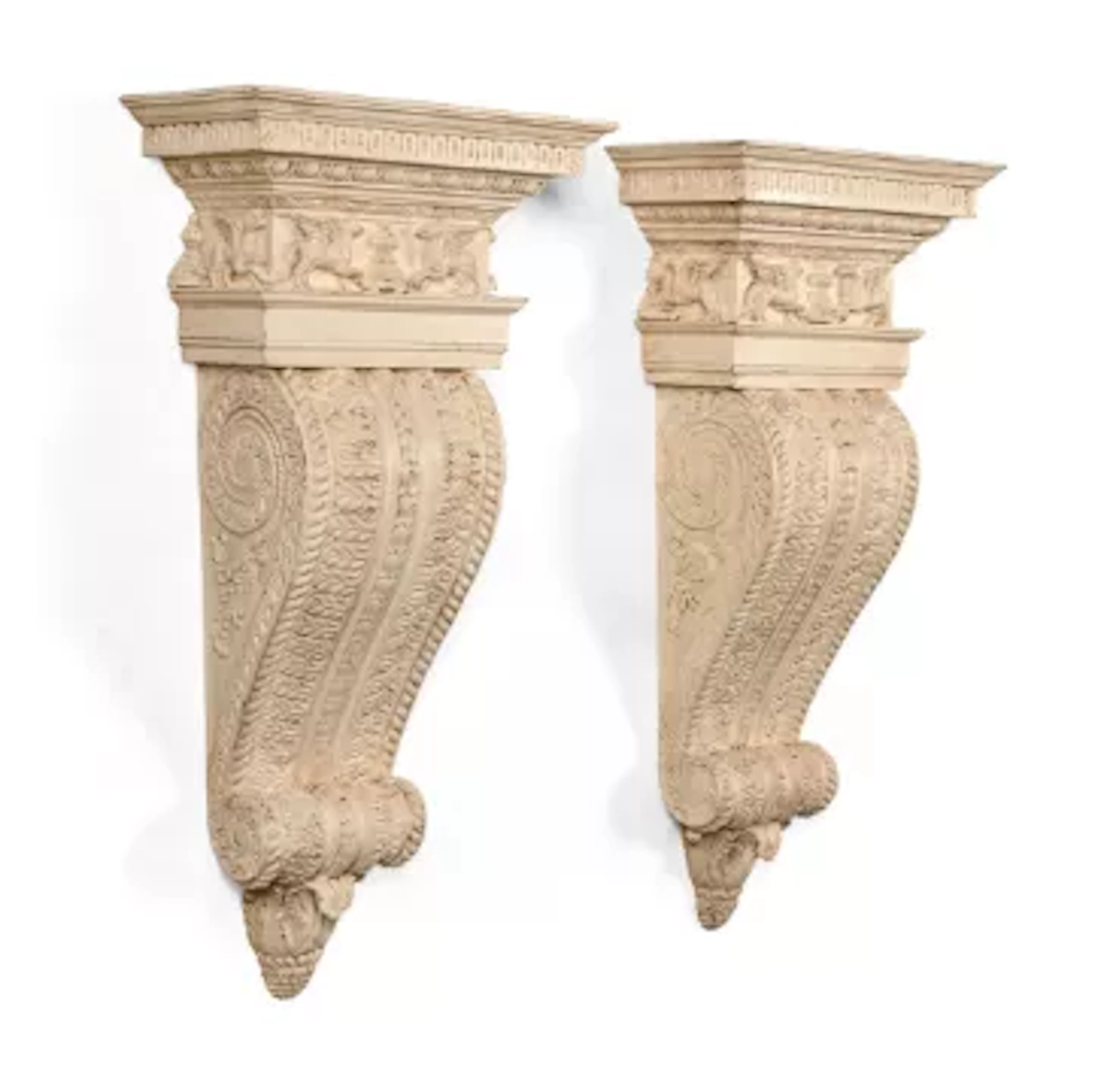 A LARGE PAIR OF CARVED WOOD AND GESSO PAINTED ARCHITECTURAL WALL BRACKETS