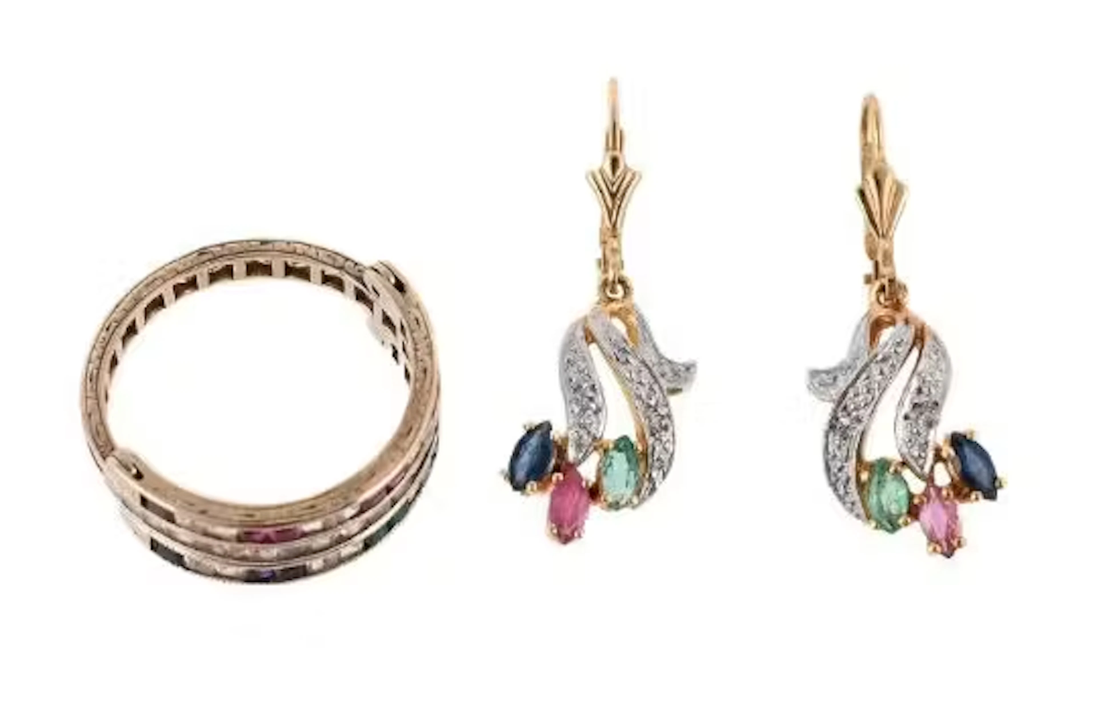A PAIR OF GEM SET EARRINGS AND A SWIVEL RING