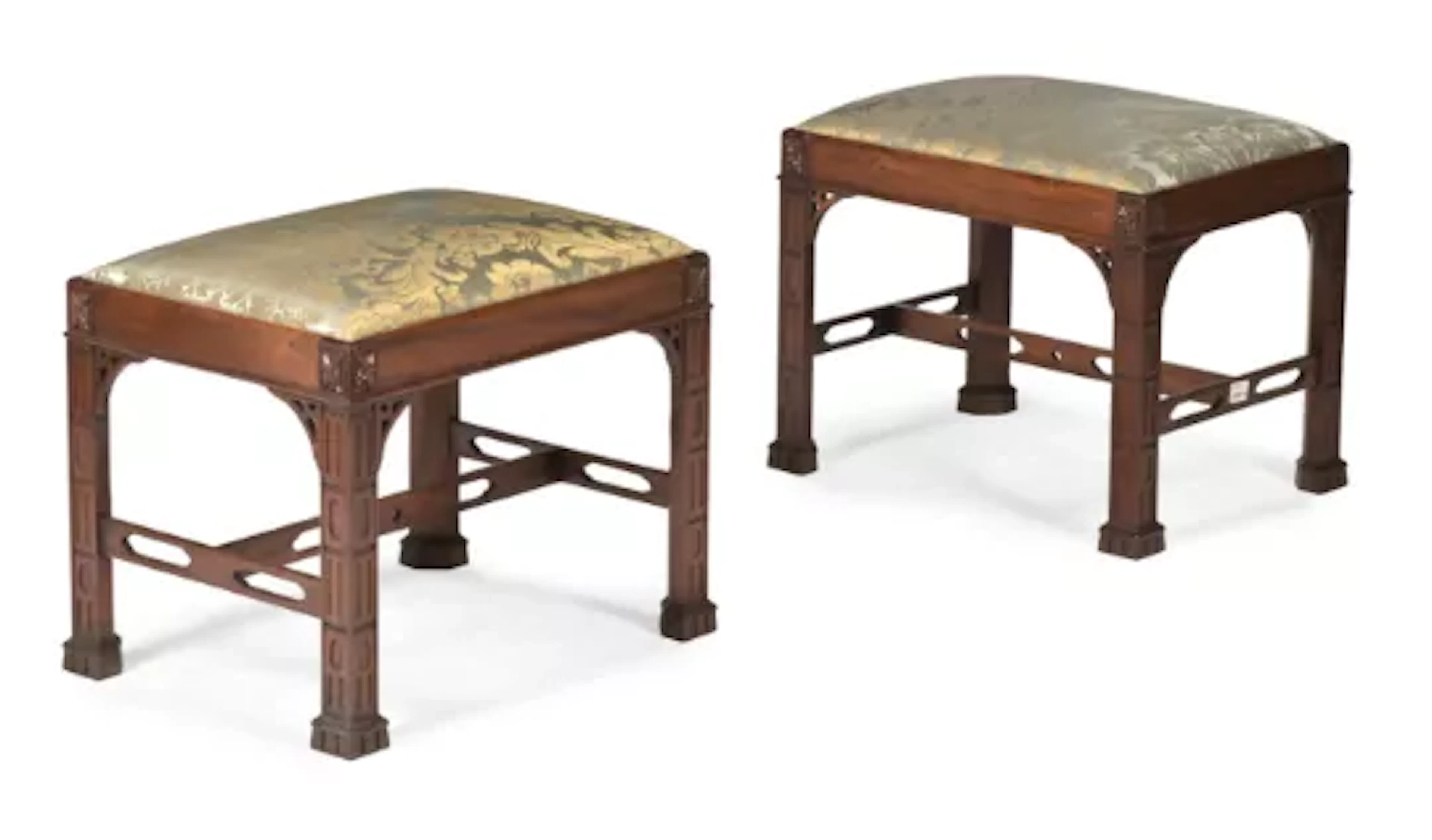 A PAIR OF MAHOGANY AND FRET CARVED STOOLS, IN GEORGE III STYLE, CONTEMPORARY