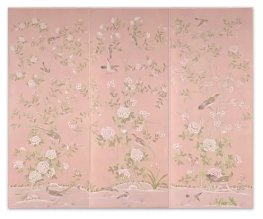A SET OF THREE 'EARLHAM' CHINOISERIE PATTERN PANELS HAND-PAINTED ONTO