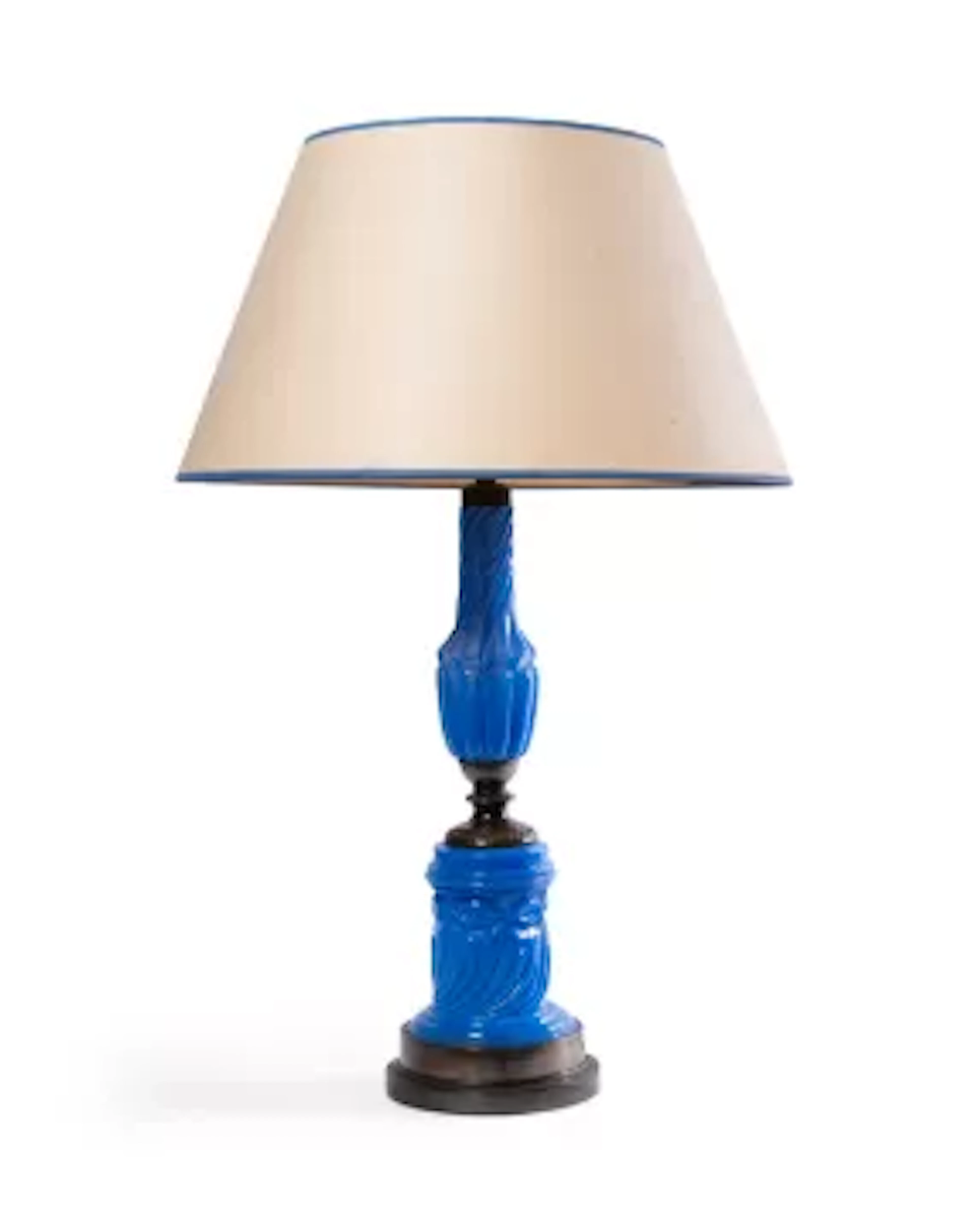 A BLUE GLASS TABLE LAMP, FRENCH, 20TH CENTURY