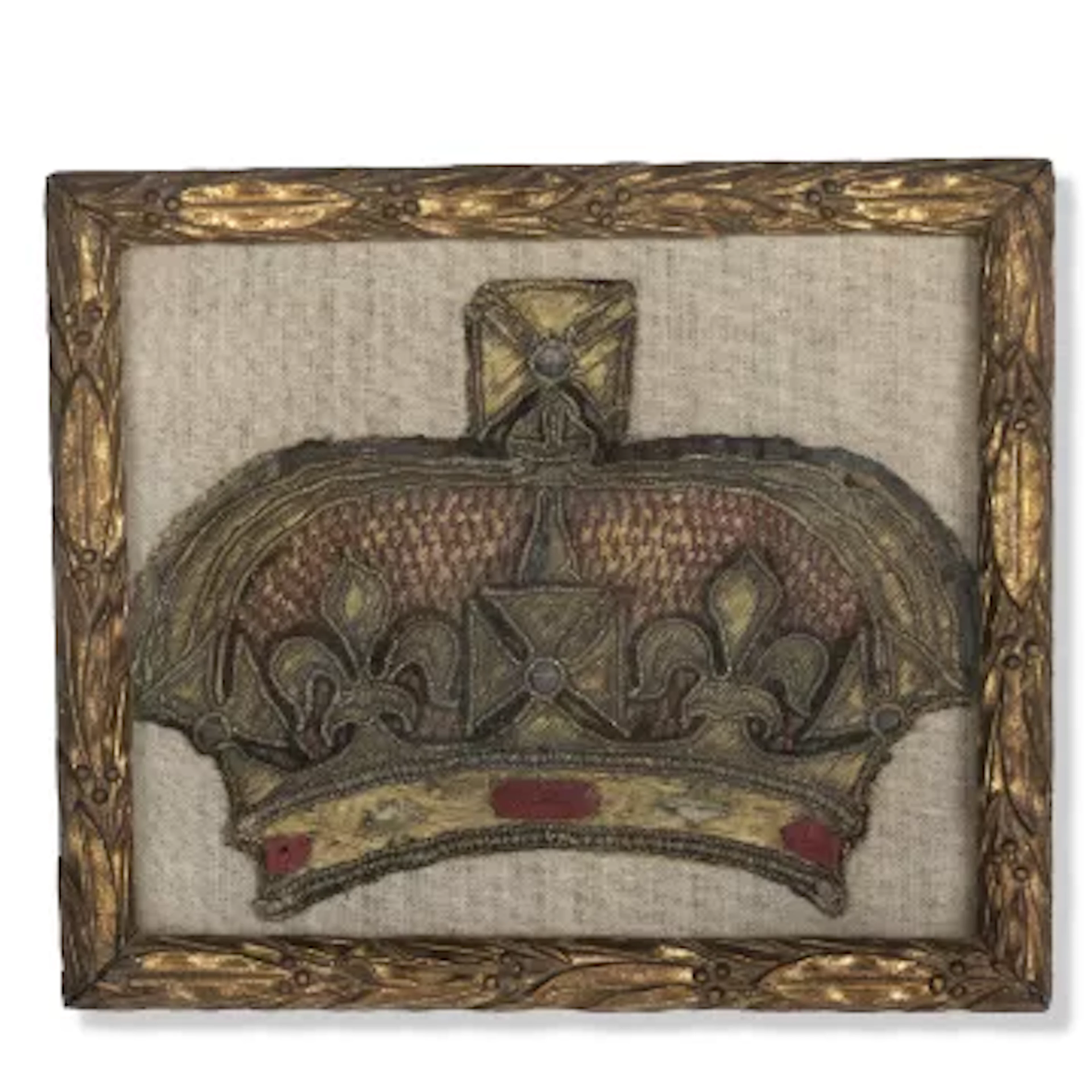AN EARLY NEEDLEWORK EMBROIDERY OF A CROWN INSIGNIA, PROBABLY CIRCA 1580-1620