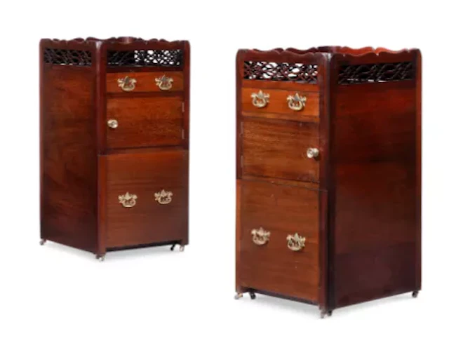A PAIR OF MAHOGANY TRAY TOPPED BEDSIDE CUPBOARDS, CIRCA 1780 AND LATER