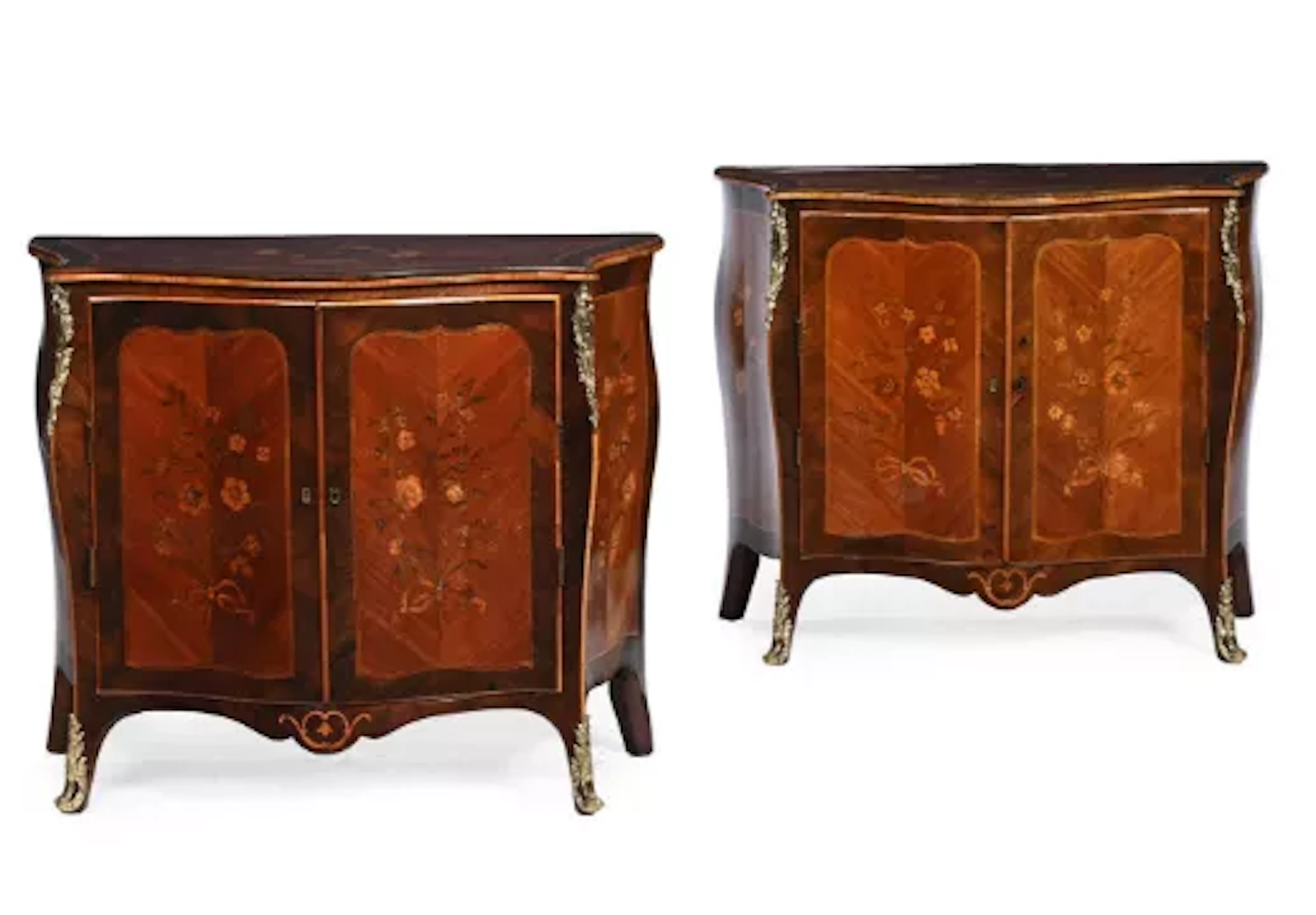 Y A PAIR OF GEORGE III KINGWOOD, ROSEWOOD AND HAREWOOD SERPENTINE