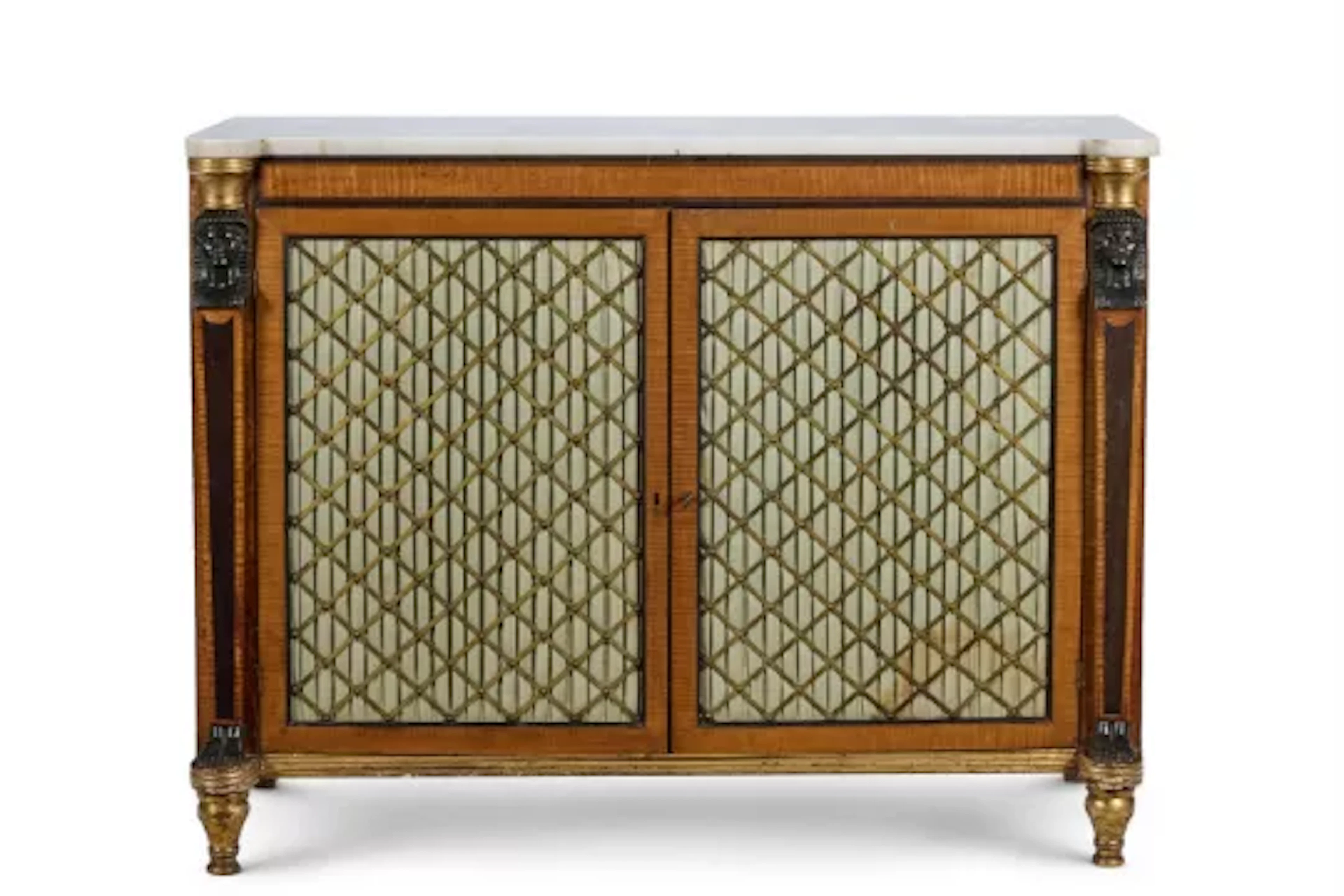 A GEORGE III PARCEL GILT AND BRONZED SYCAMORE AND WENGE SIDE CABINET