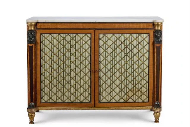 A GEORGE III PARCEL GILT AND BRONZED SYCAMORE AND WENGE SIDE CABINET