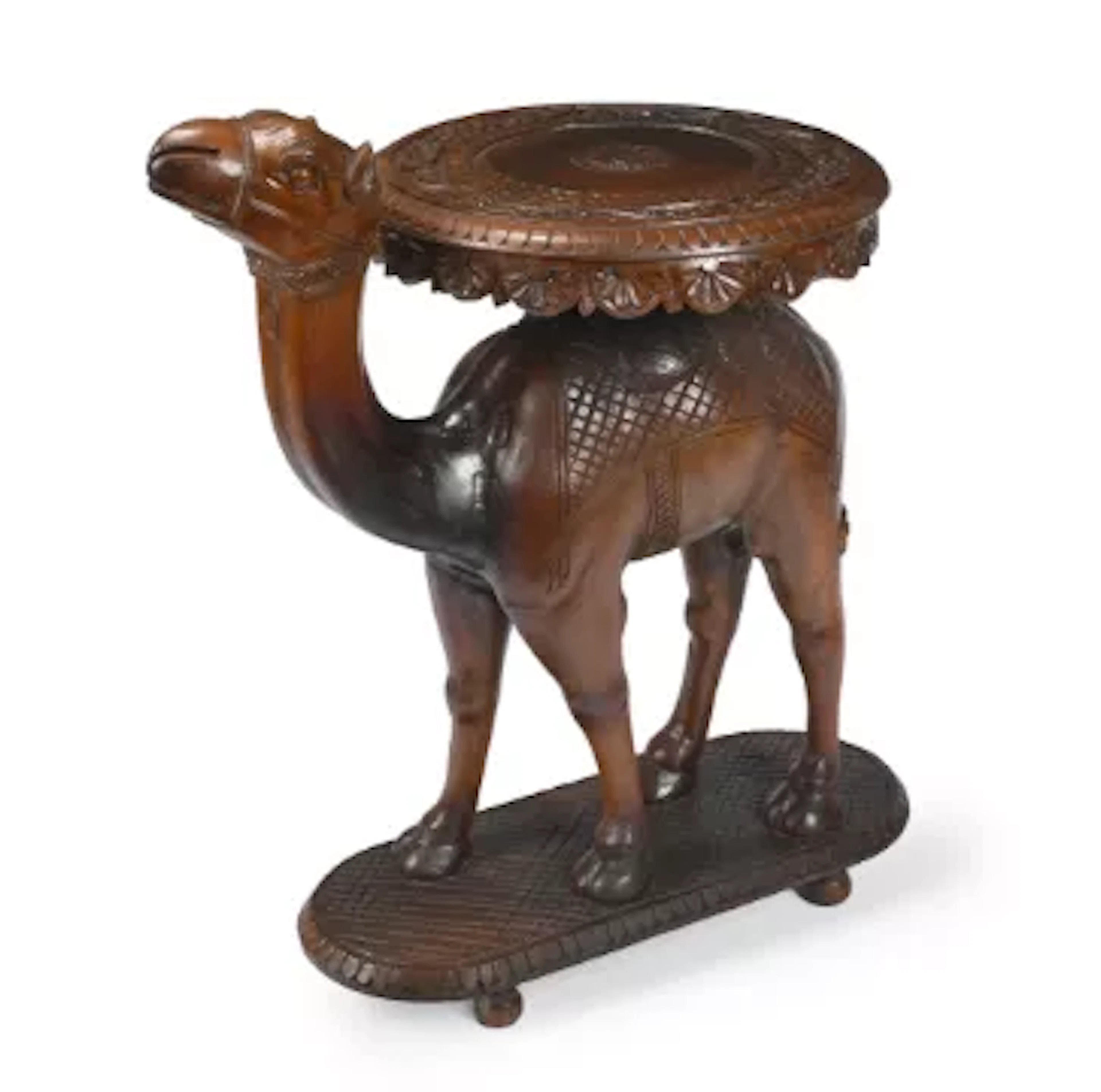 AN ANGLO INDIAN CARVED INDIAN TEAK TABLE MODELLED AS A CAMEL, LATE