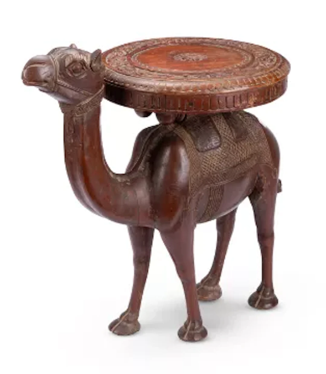 AN ANGLO INDIAN CARVED TEAK OCCASIONAL TABLE MODELLED AS A CAMEL, CIRCA 1900