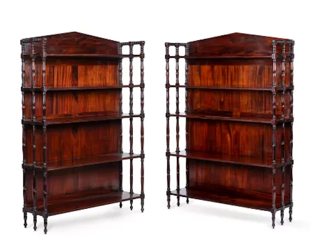 A PAIR OF MAHOGANY FIVE TIER OPEN BOOKCASES, IN WILLIAM IV STYLE, CONTEMPORARY