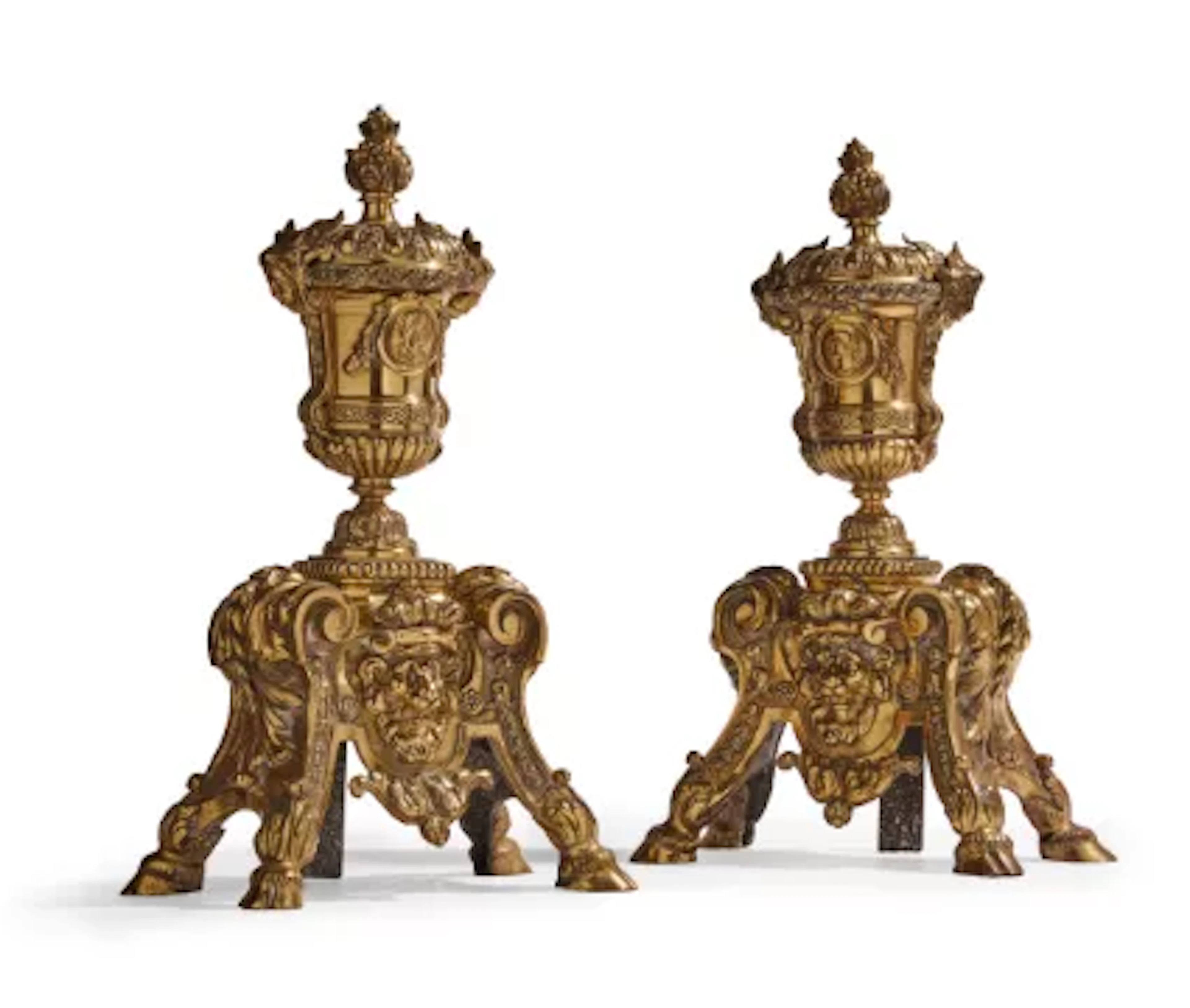 A, PAIR OF GILT METAL ANDIRONS