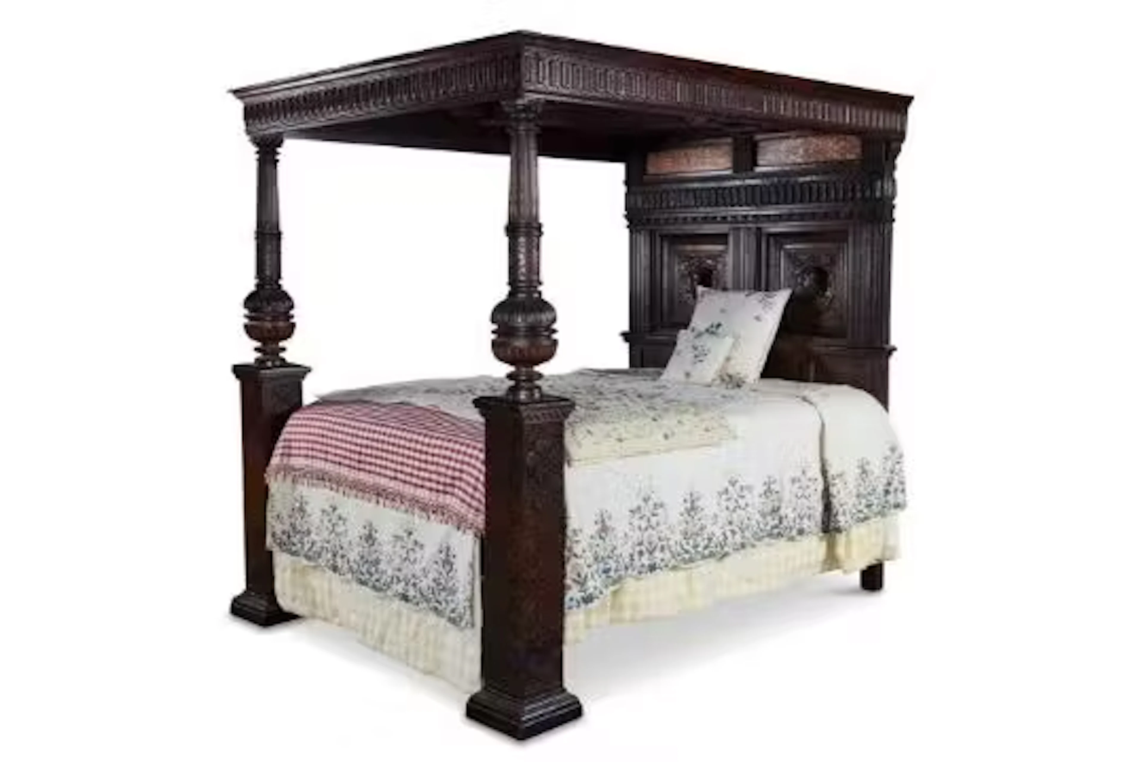 AN ENGLISH OAK, WALNUT AND MARQUETRY TESTER BEDSTEAD, EARLY 17TH CENTURY