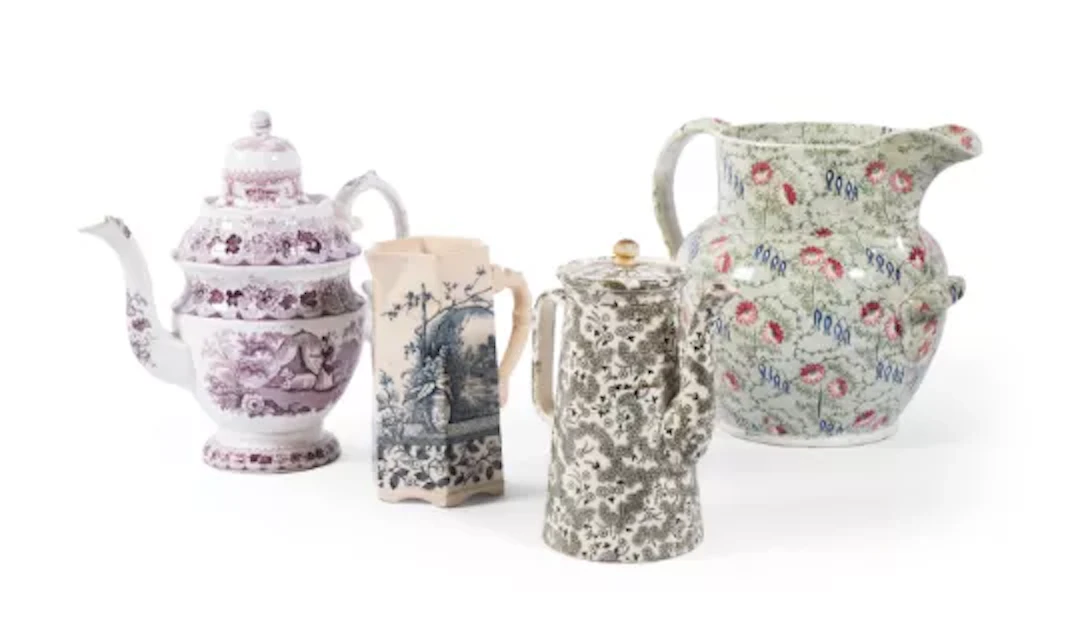 A STAFFORDSHIRE POTTERY (JOHN MAYER, FOLEY) JUG, CIRCA 1840, AND THREE