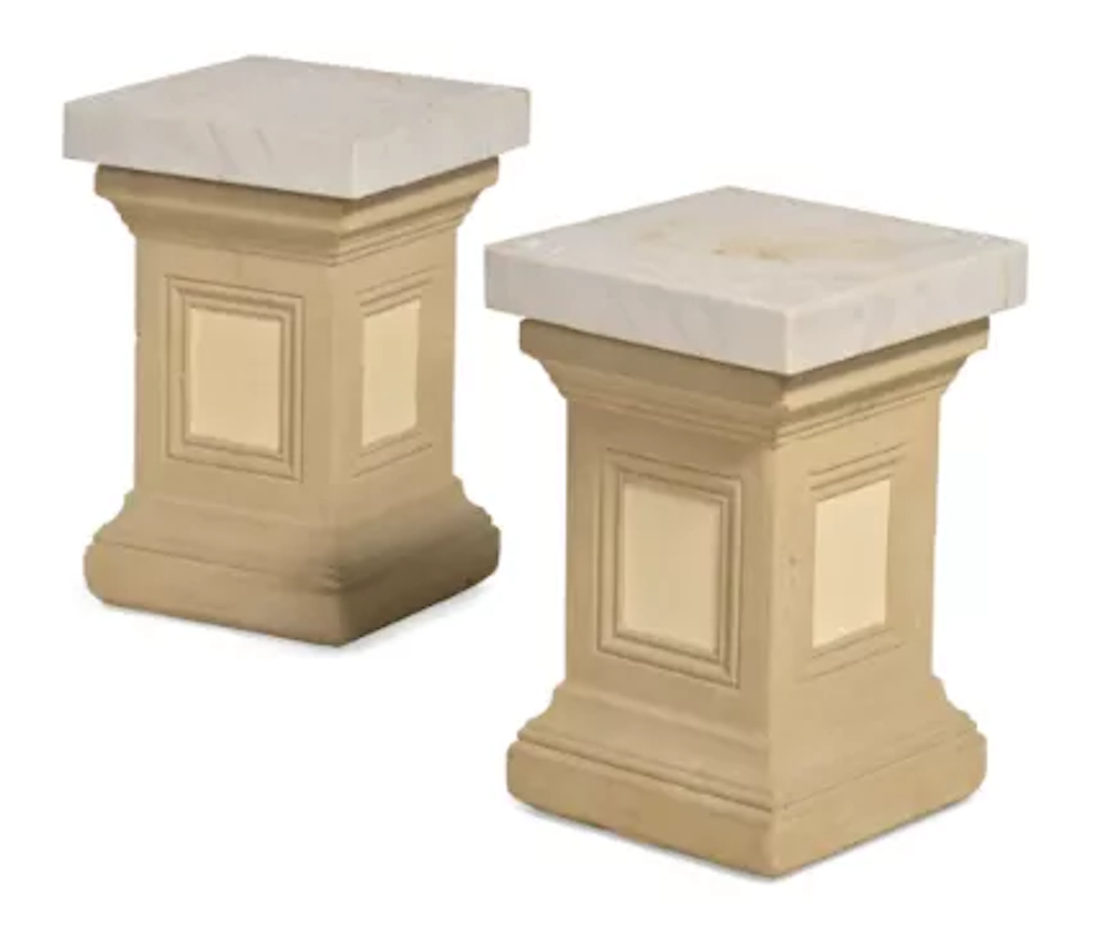 A PAIR OF MARBLE AND CARVED STONE LOW PEDESTAL PLINTHS, IN THE NEOCLASSICAL