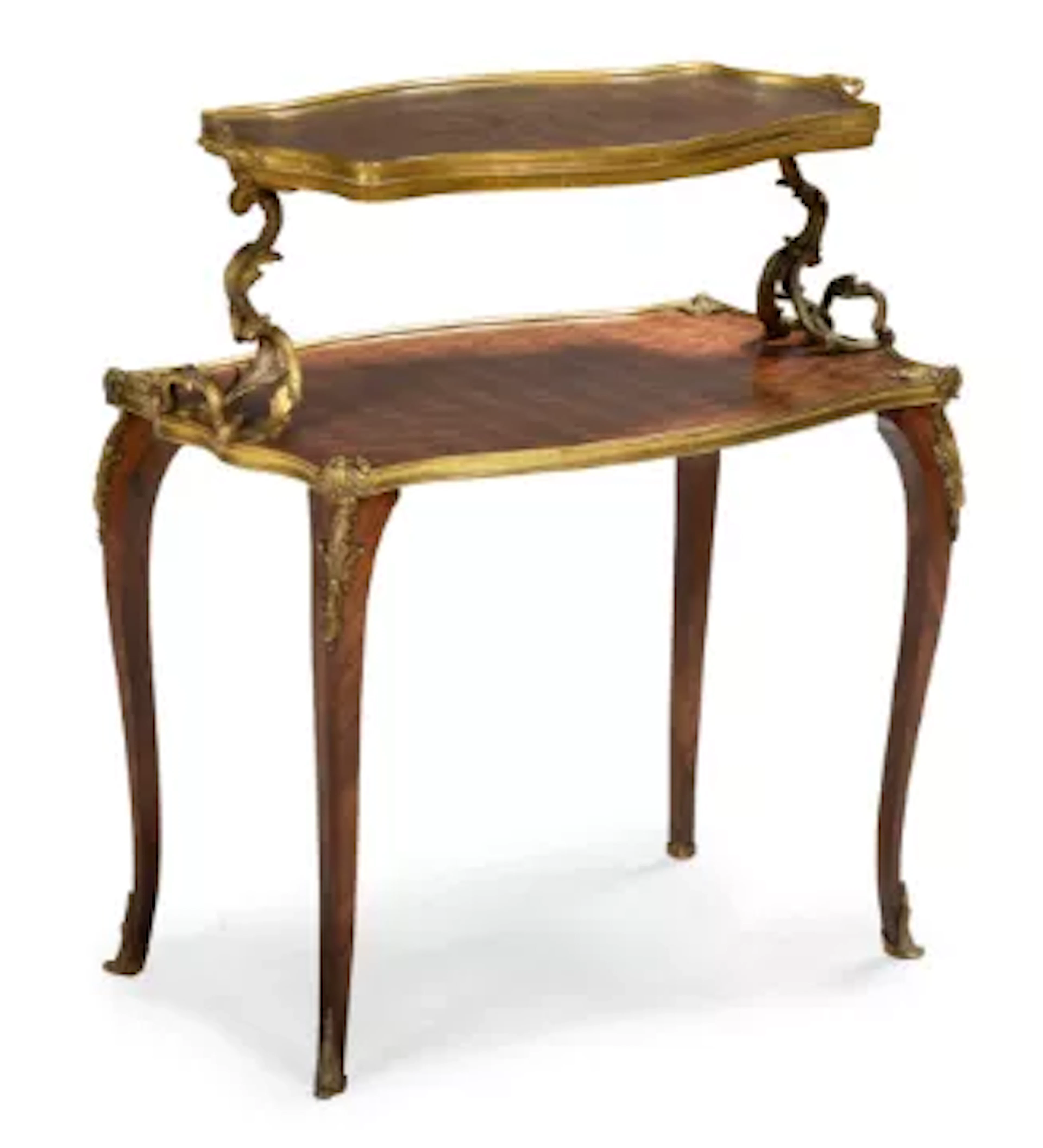 Y A FRENCH TULIPWOOD, KINGWOOD, PARQUETRY AND ORMOLU MOUNTED TWO TIER