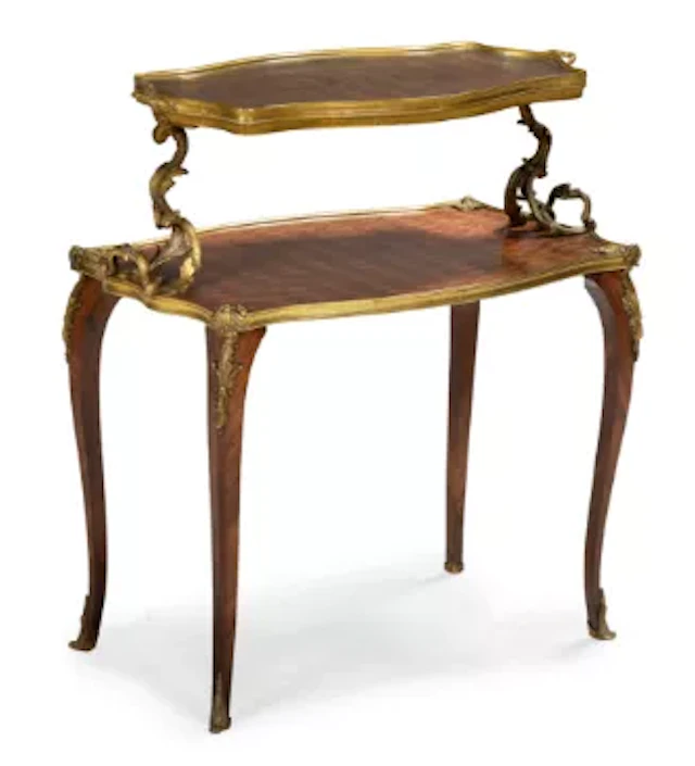 Y A FRENCH TULIPWOOD, KINGWOOD, PARQUETRY AND ORMOLU MOUNTED TWO TIER