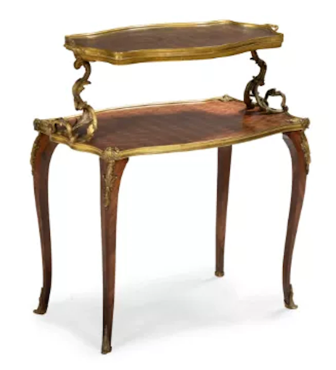 Y A FRENCH TULIPWOOD, KINGWOOD, PARQUETRY AND ORMOLU MOUNTED TWO TIER
