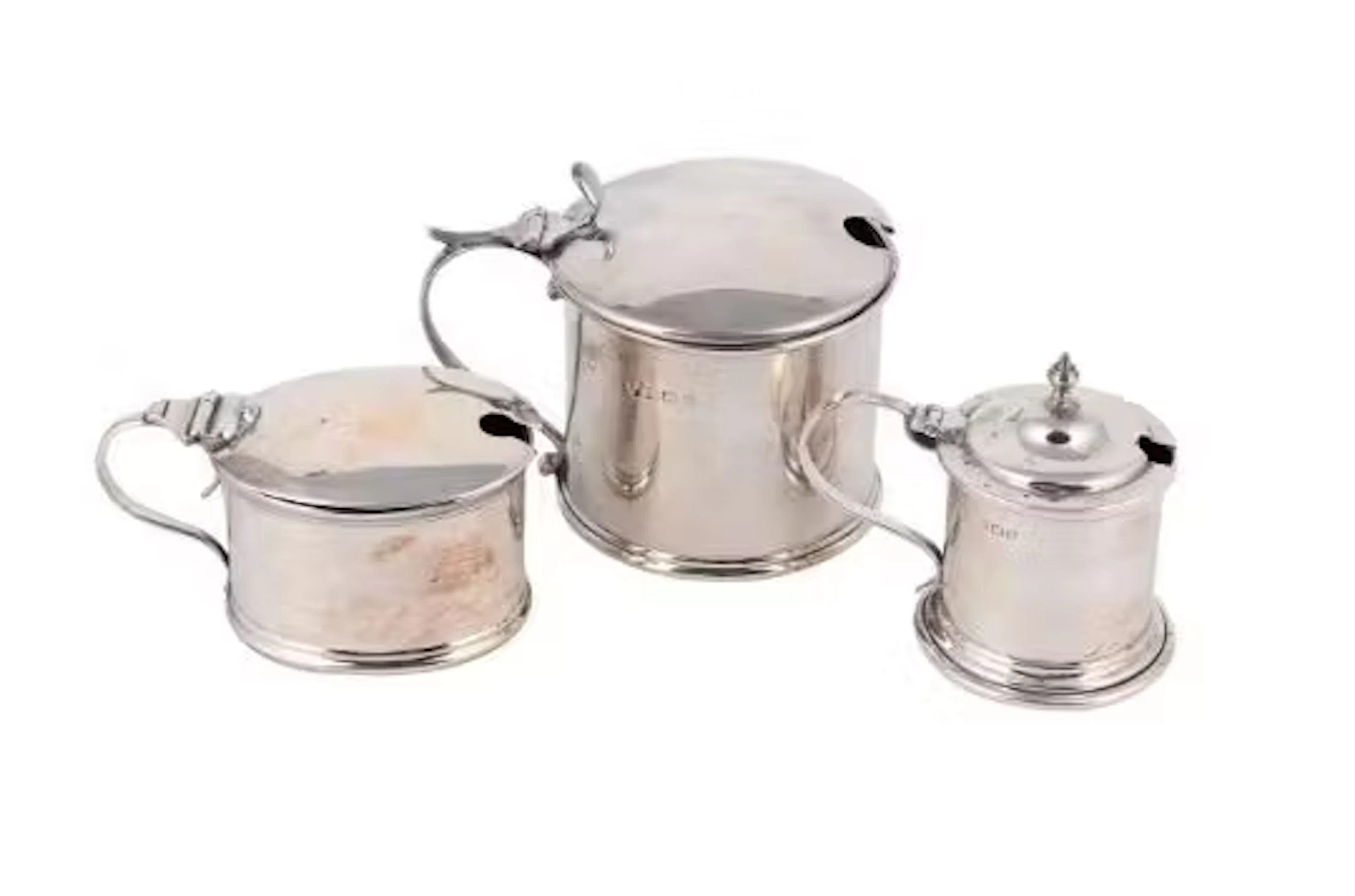 THREE SILVER MUSTARD POTS